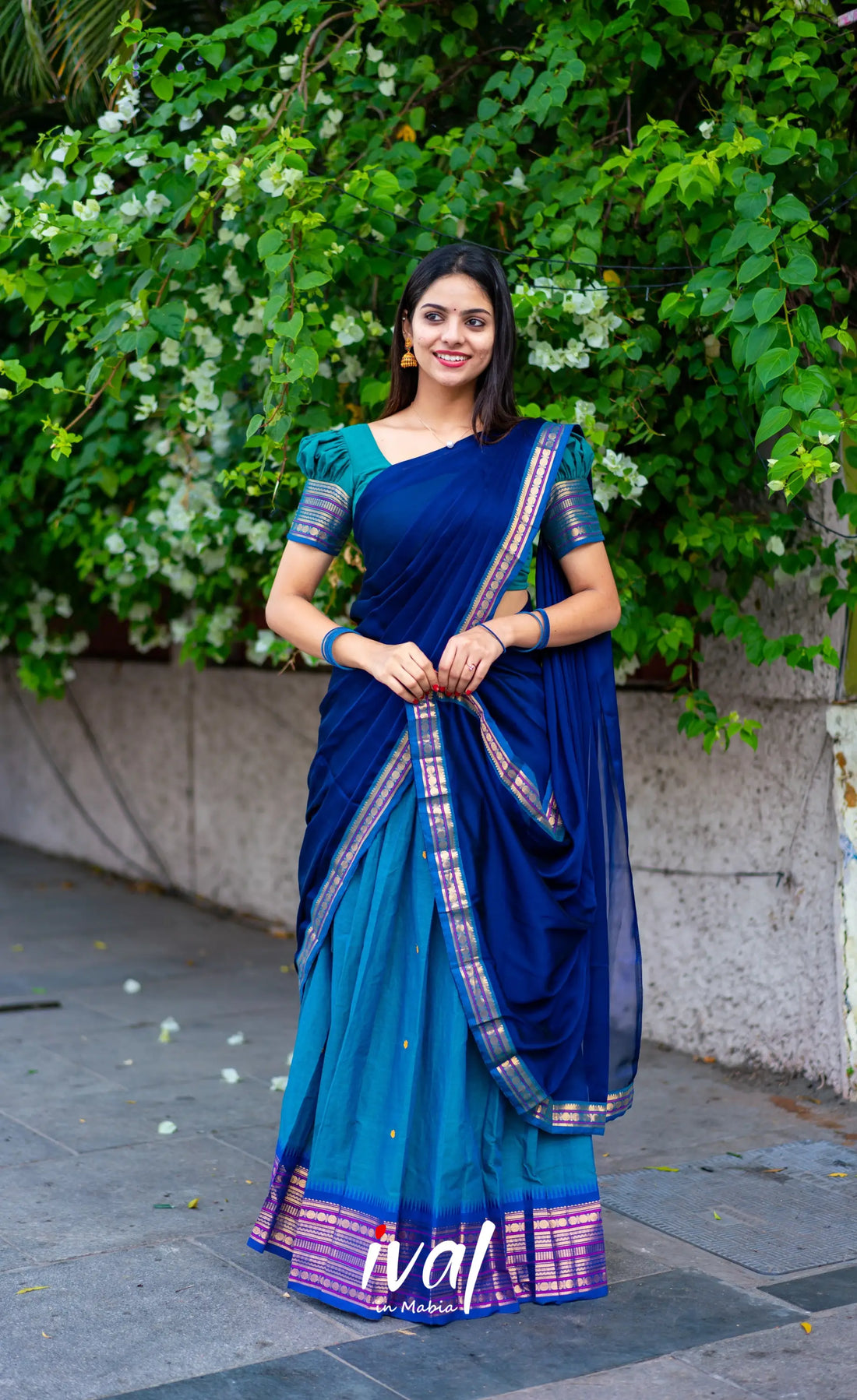 Padmaja - Teal Blue Shade And Navy Tone Cotton Halfsaree Half Sarees