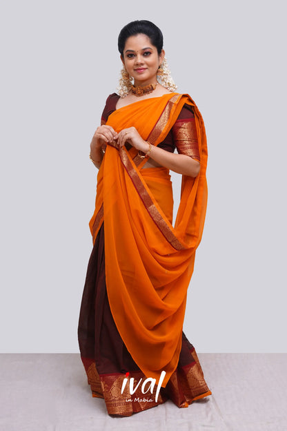 Padmaja - Two Tone Brown And Mustard Cotton Halfsaree Half Sarees