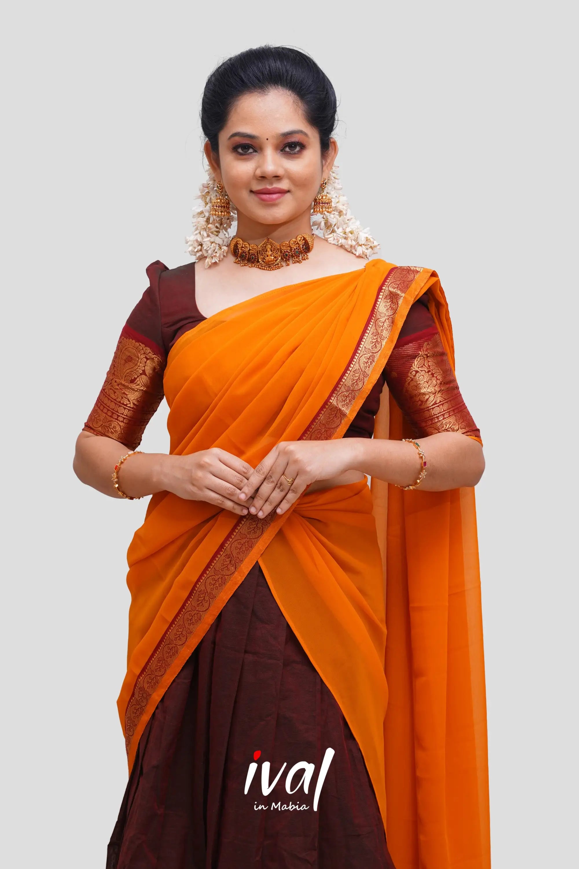 Padmaja - Two Tone Brown And Mustard Cotton Halfsaree Half Sarees