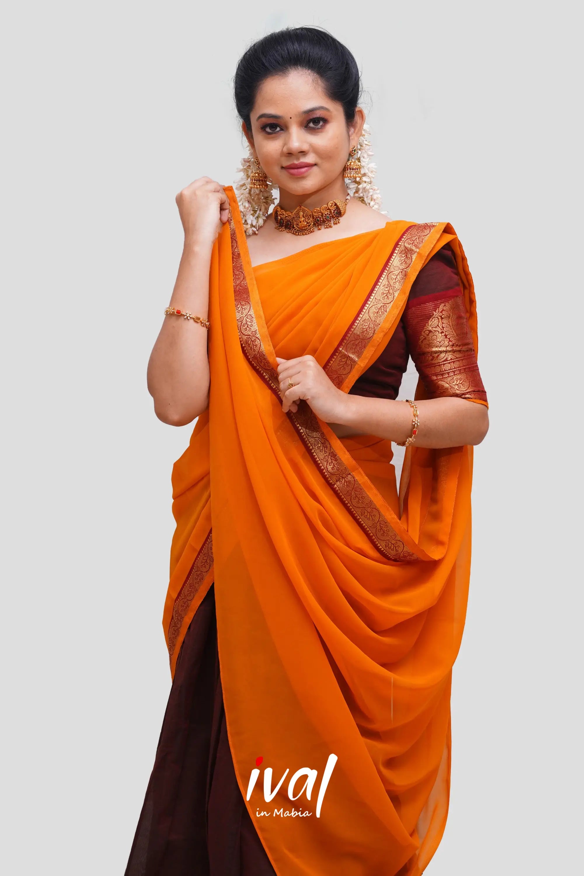 Padmaja - Two Tone Brown And Mustard Cotton Halfsaree Half Sarees