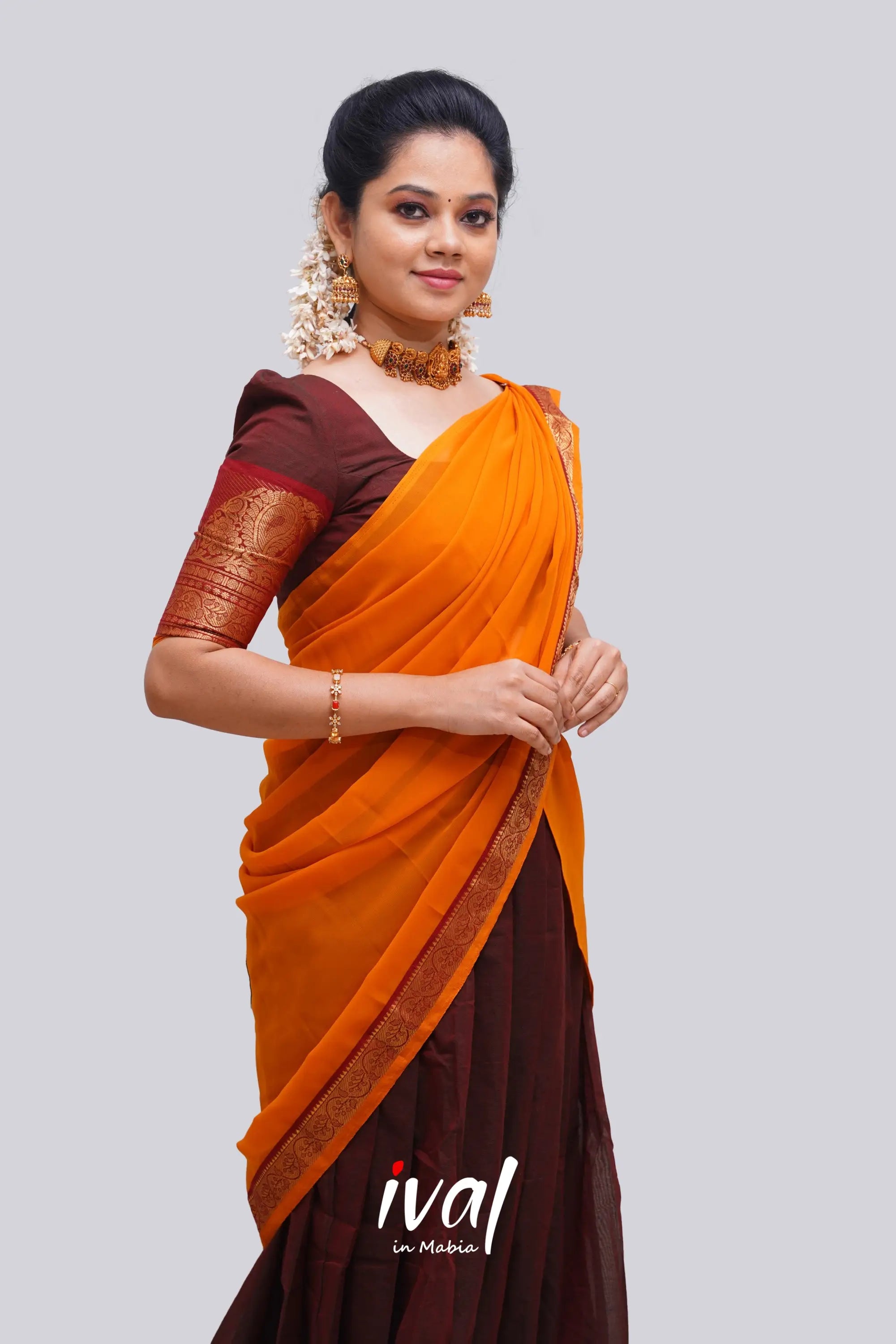 Padmaja - Two Tone Brown And Mustard Cotton Halfsaree Half Sarees