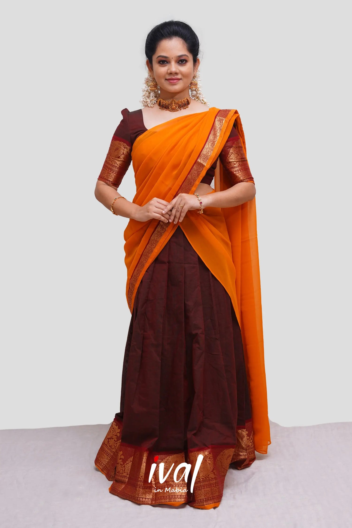 Padmaja - Two Tone Brown And Mustard Cotton Halfsaree Half Sarees