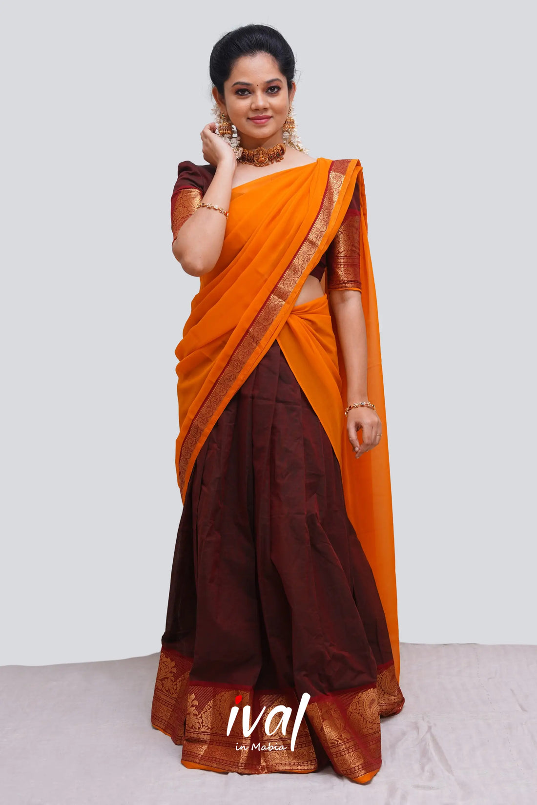 Padmaja - Two Tone Brown And Mustard Cotton Halfsaree Half Sarees