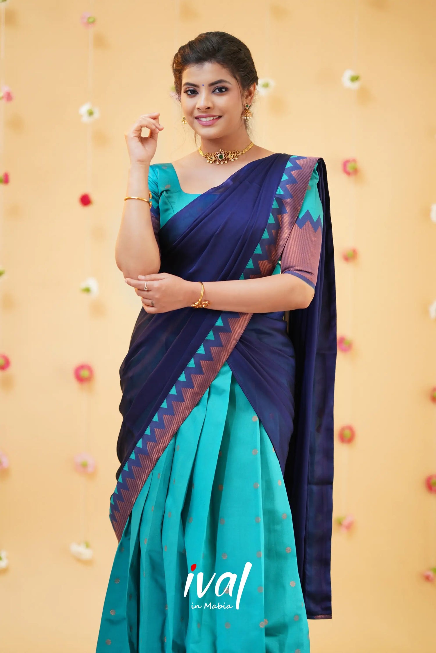 Padmaja - Two Tone Dusly Pink And Datk Blue Cotton Halfsaree Half Sarees