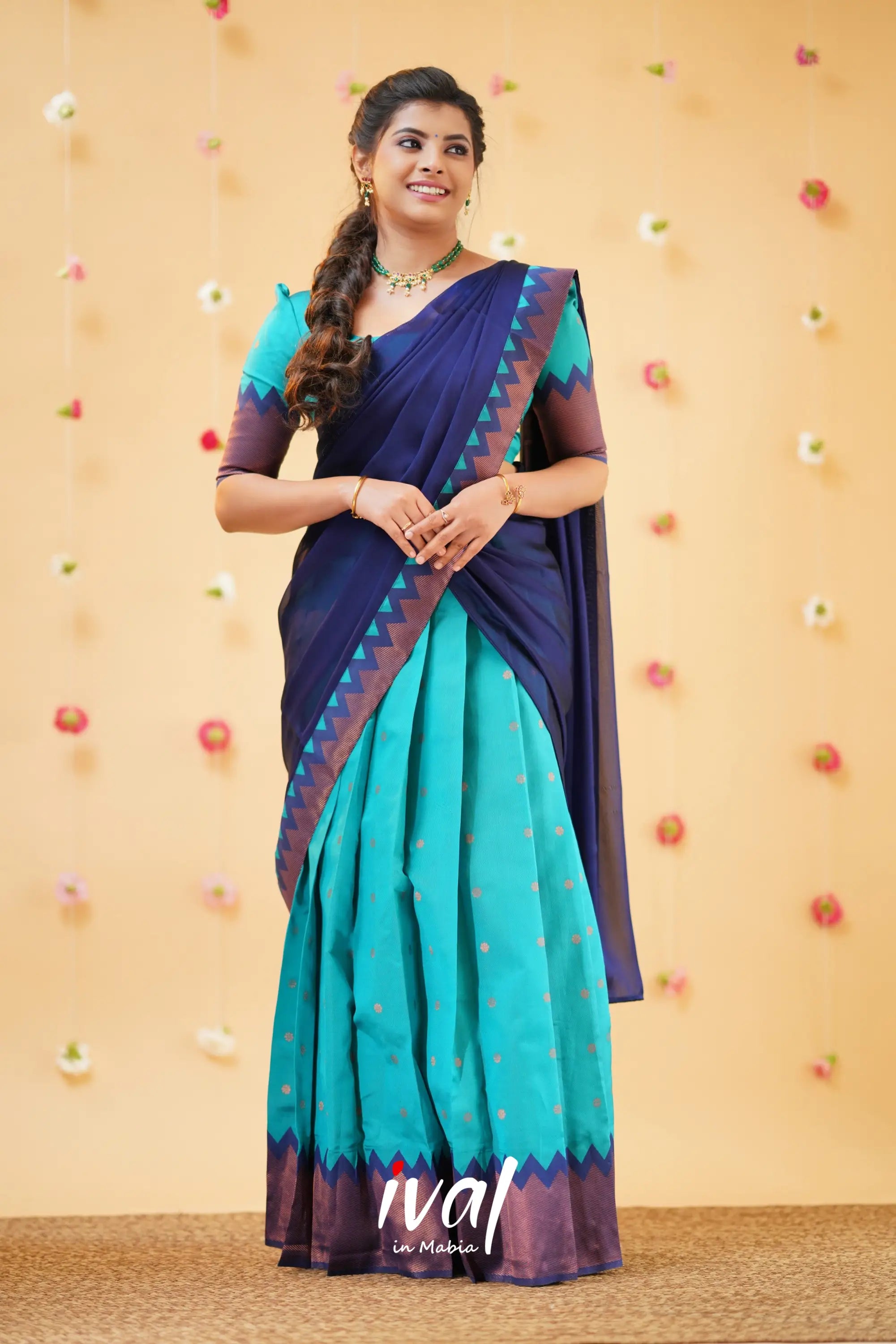 Padmaja - Two Tone Dusly Pink And Datk Blue Cotton Halfsaree Half Sarees