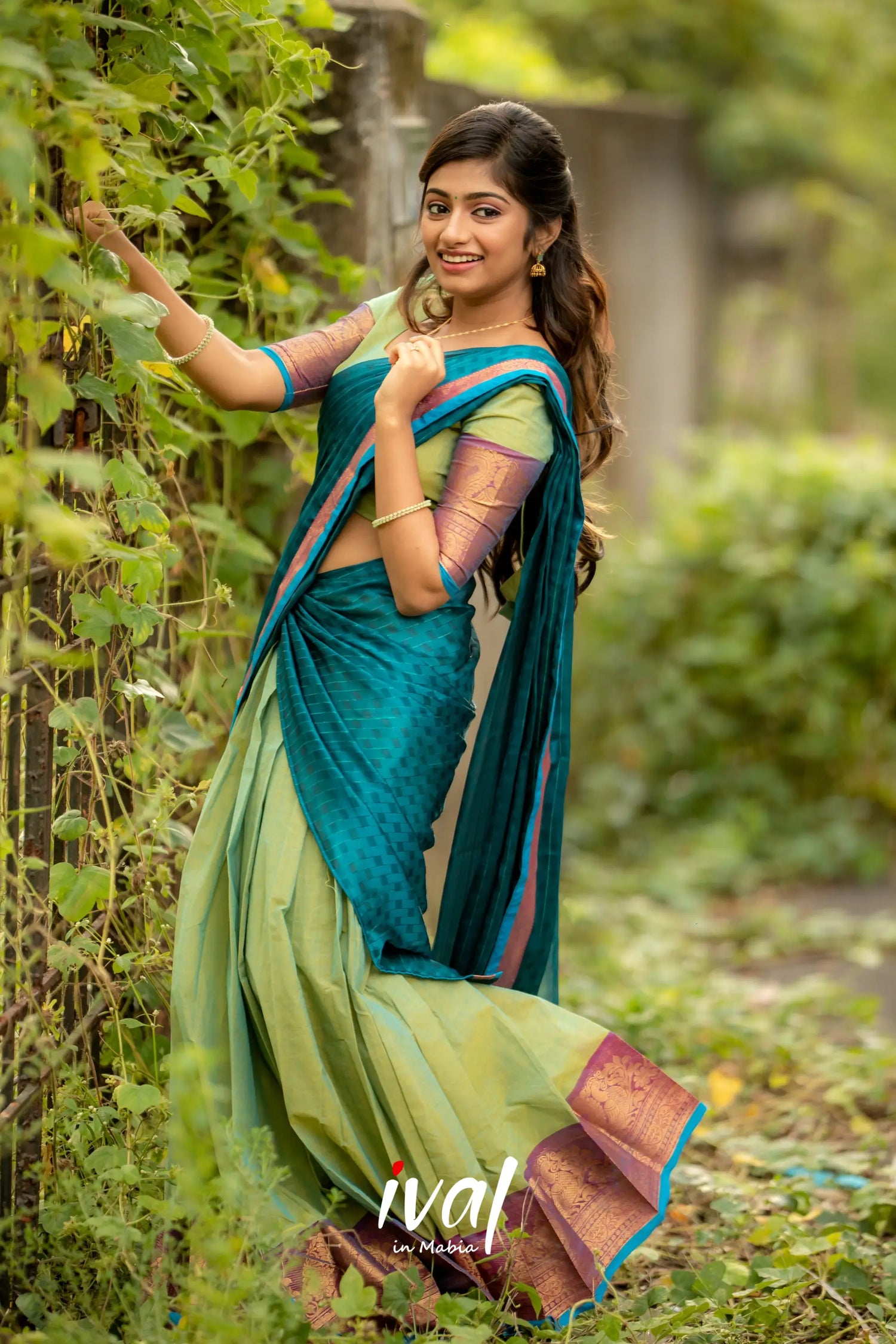 Padmaja - Two Tone Green And Blue Cotton Halfsaree Half Sarees