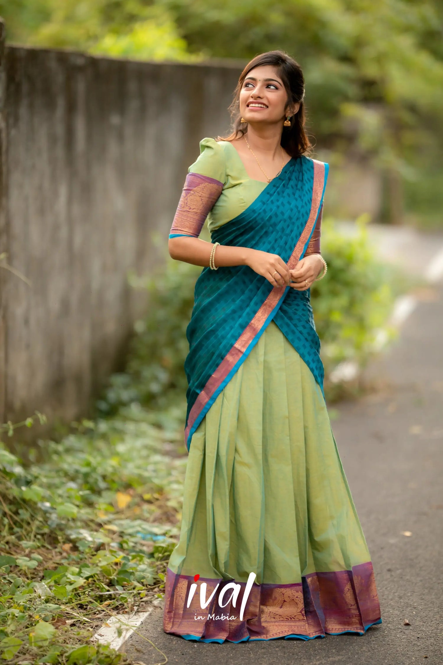 Padmaja - Two Tone Green And Blue Cotton Halfsaree Half Sarees