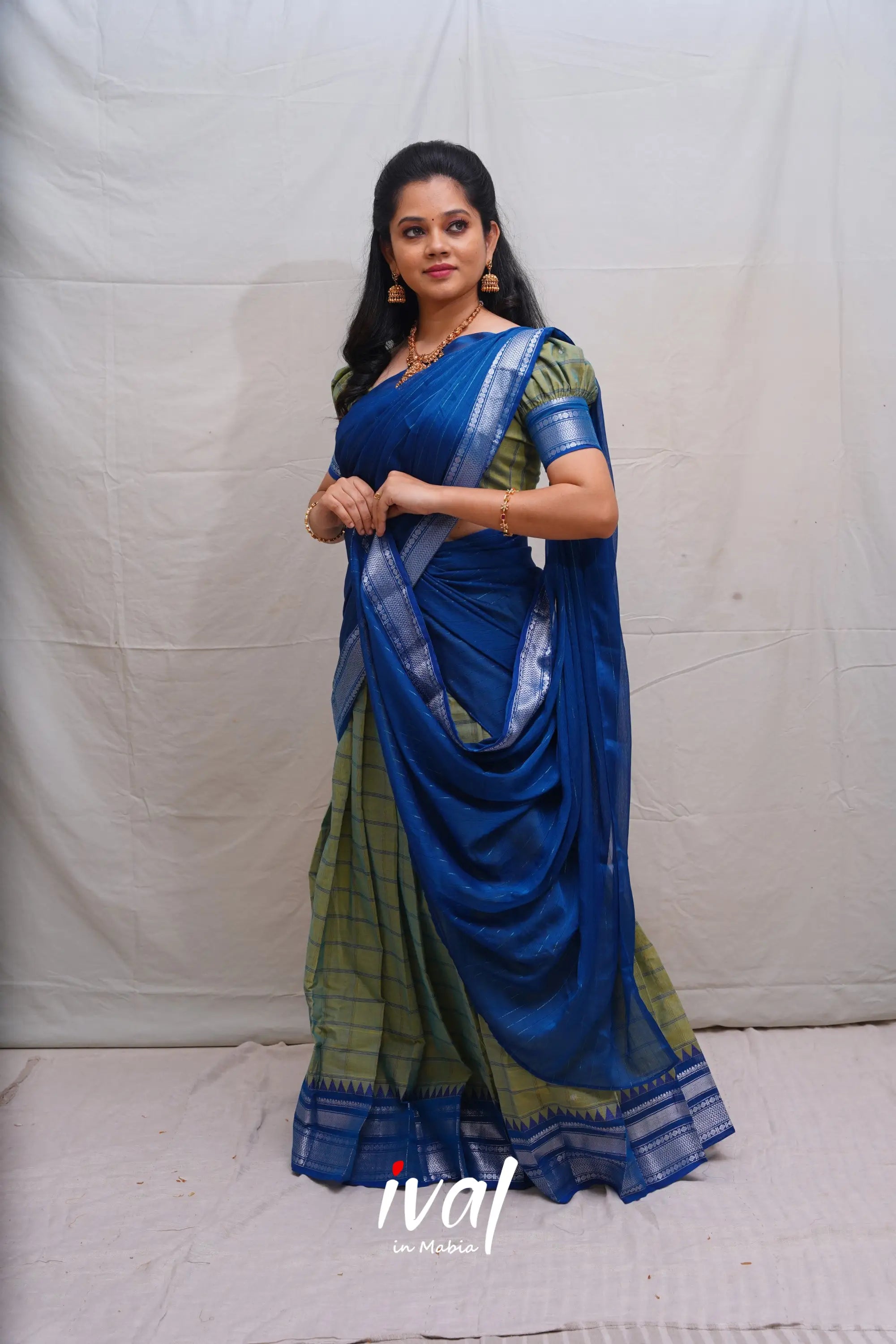 Padmaja - Two Tone Green And Cerulean Blue Cotton Halfsaree Half Sarees