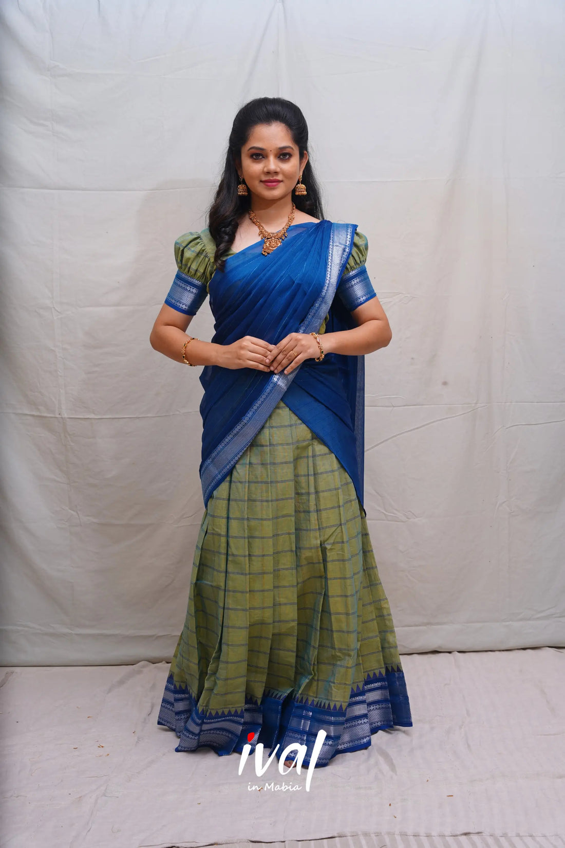 Padmaja - Two Tone Green And Cerulean Blue Cotton Halfsaree Half Sarees