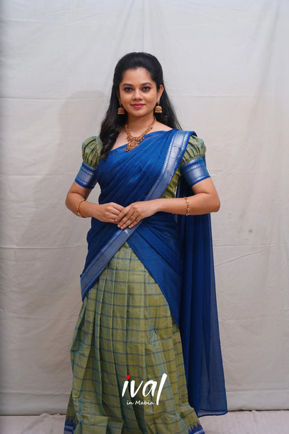 Padmaja - Two Tone Green And Cerulean Blue Cotton Halfsaree Half Sarees