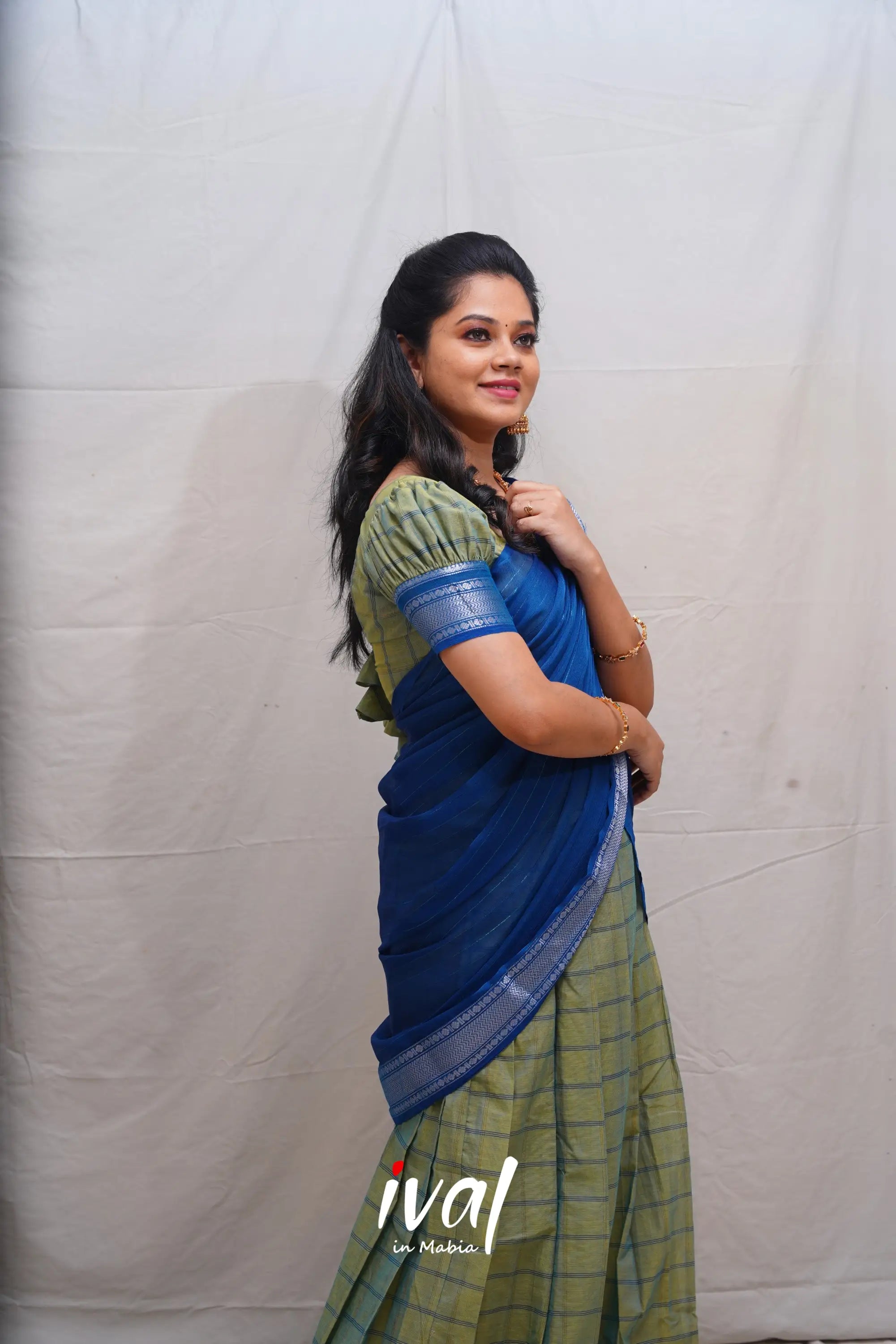 Padmaja - Two Tone Green And Cerulean Blue Cotton Halfsaree Half Sarees