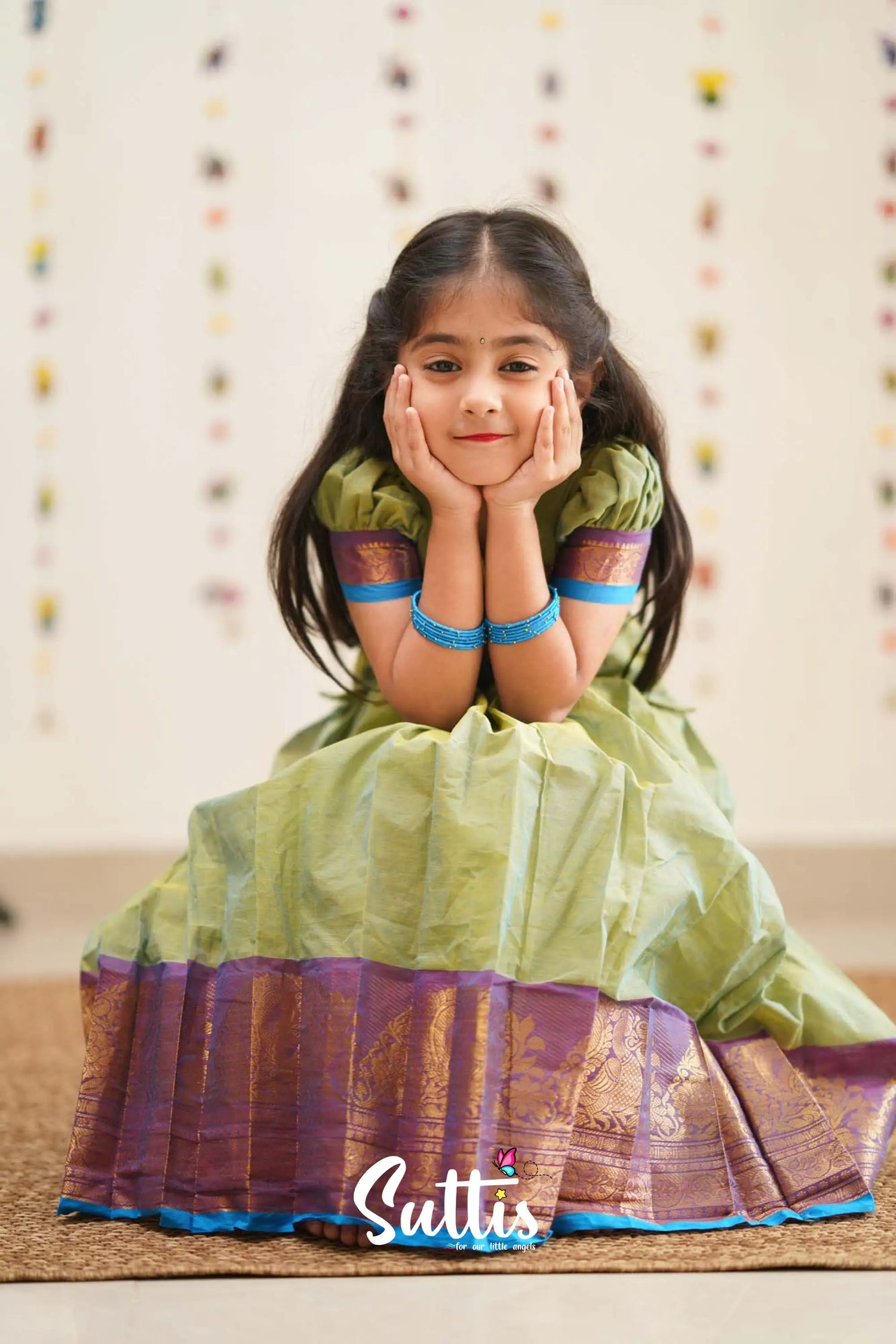 Padmaja - Two Tone Green Cotton Pavadai And Top Kids-Suttis