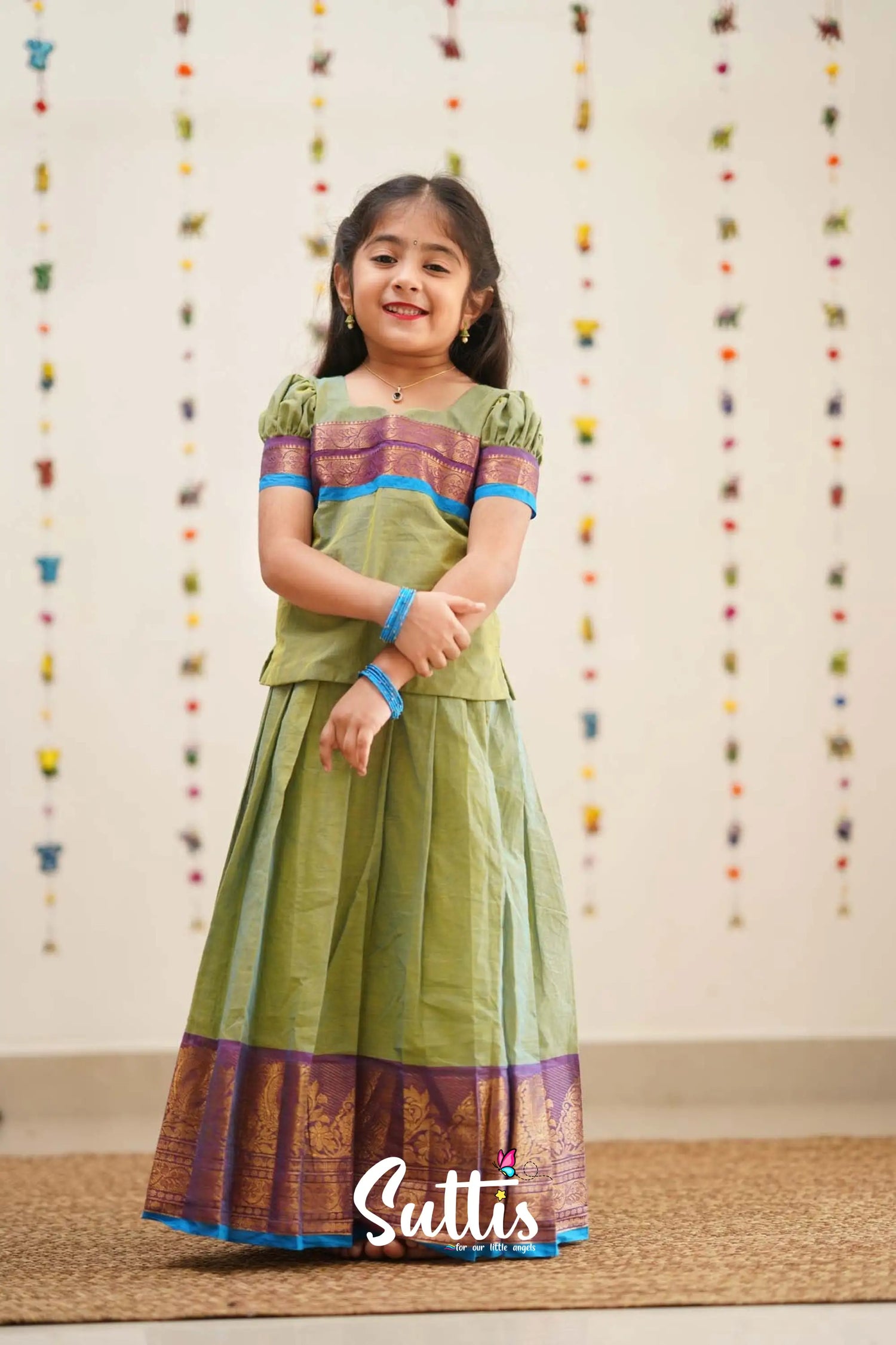 Padmaja - Two Tone Green Cotton Pavadai And Top Kids-Suttis