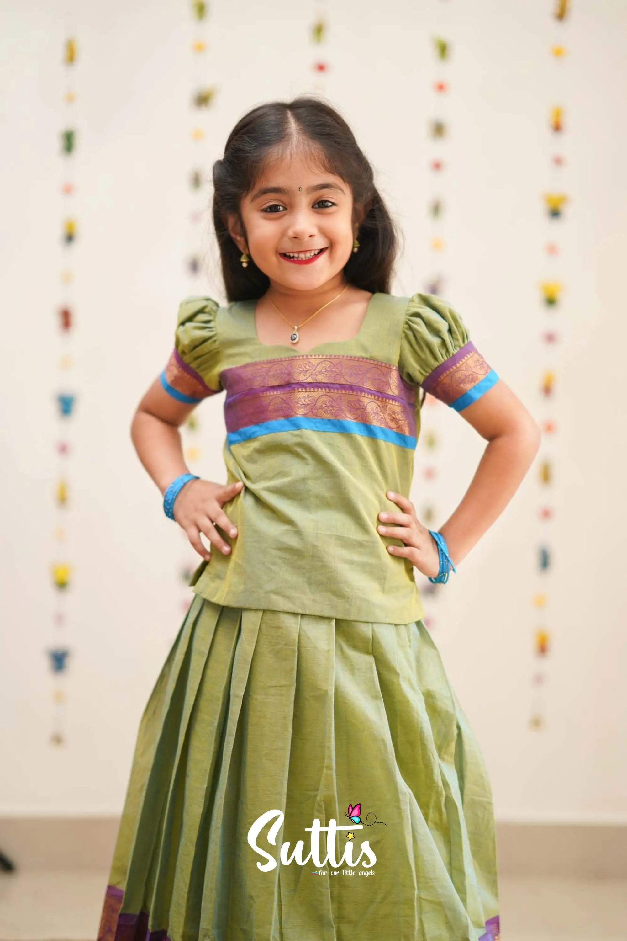 Padmaja - Two Tone Green Cotton Pavadai And Top Kids-Suttis