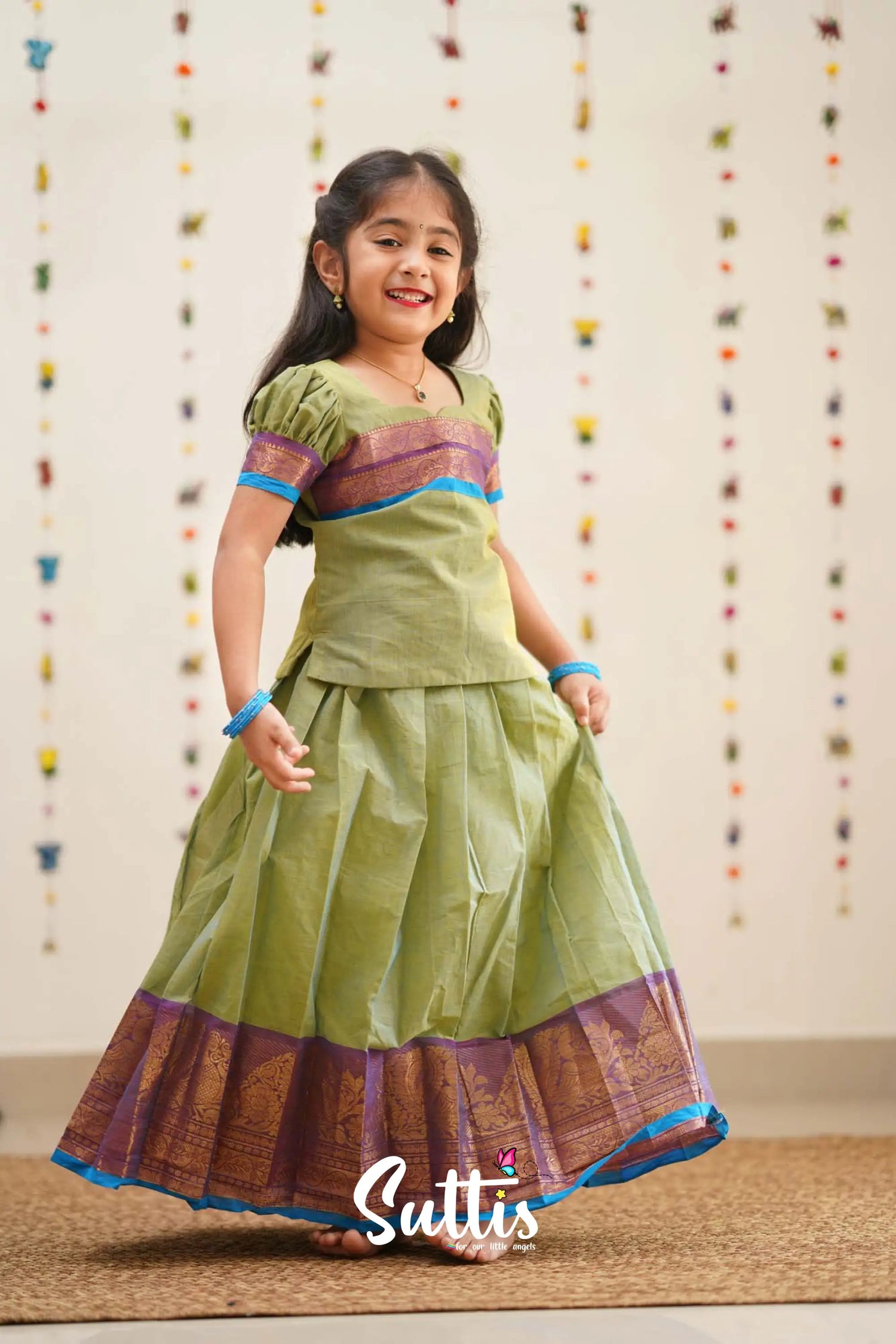 Padmaja - Two Tone Green Cotton Pavadai And Top Kids-Suttis