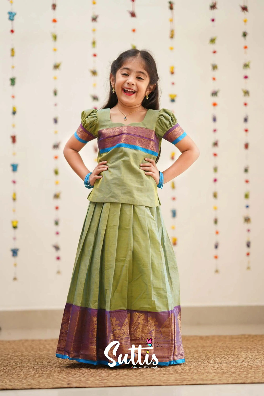 Padmaja - Two Tone Green Cotton Pavadai And Top Kids-Suttis