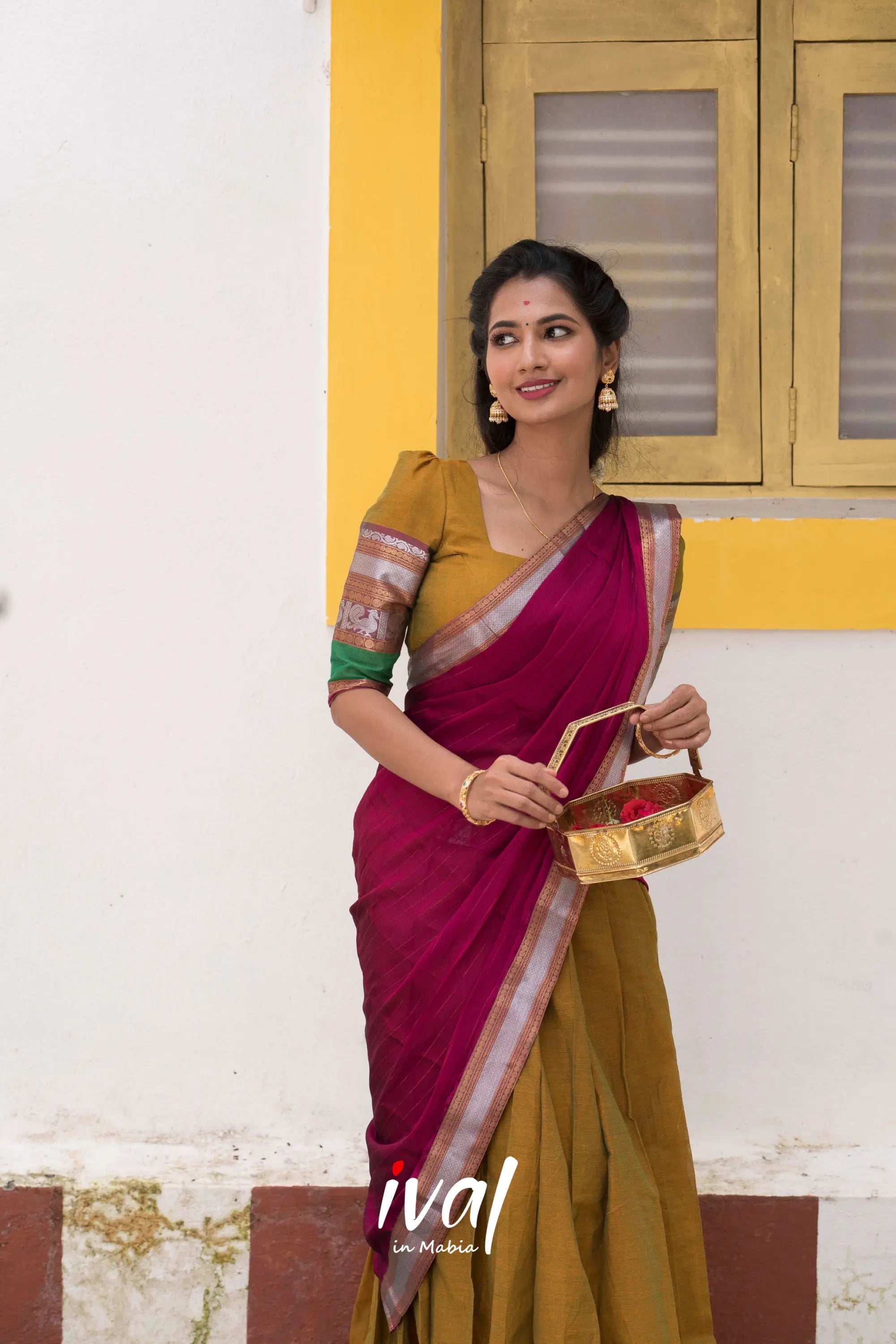 Padmaja - Two-Tone Henna And Magenta Cotton Halfsaree Half Sarees