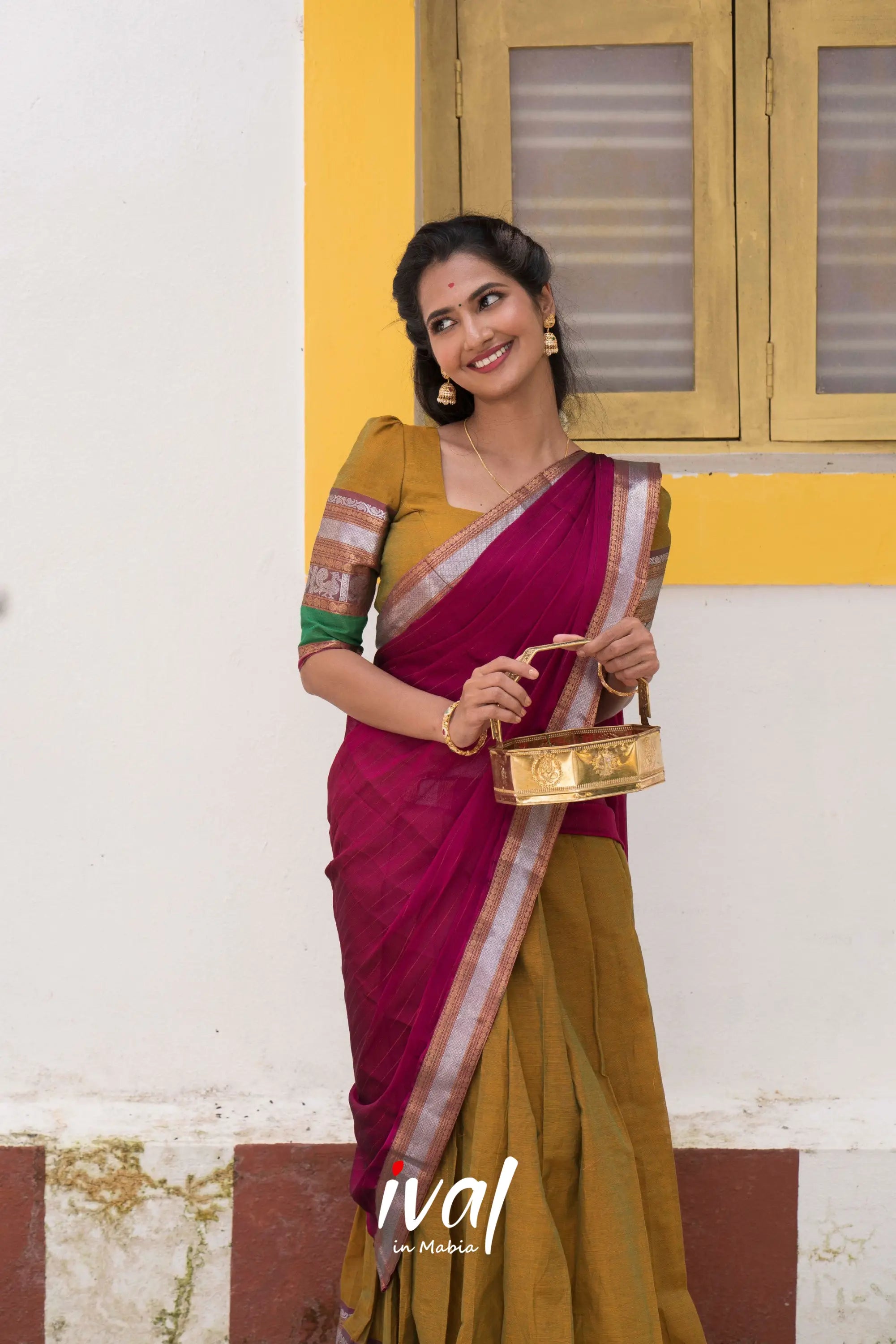 Padmaja - Two-Tone Henna And Magenta Cotton Halfsaree Half Sarees