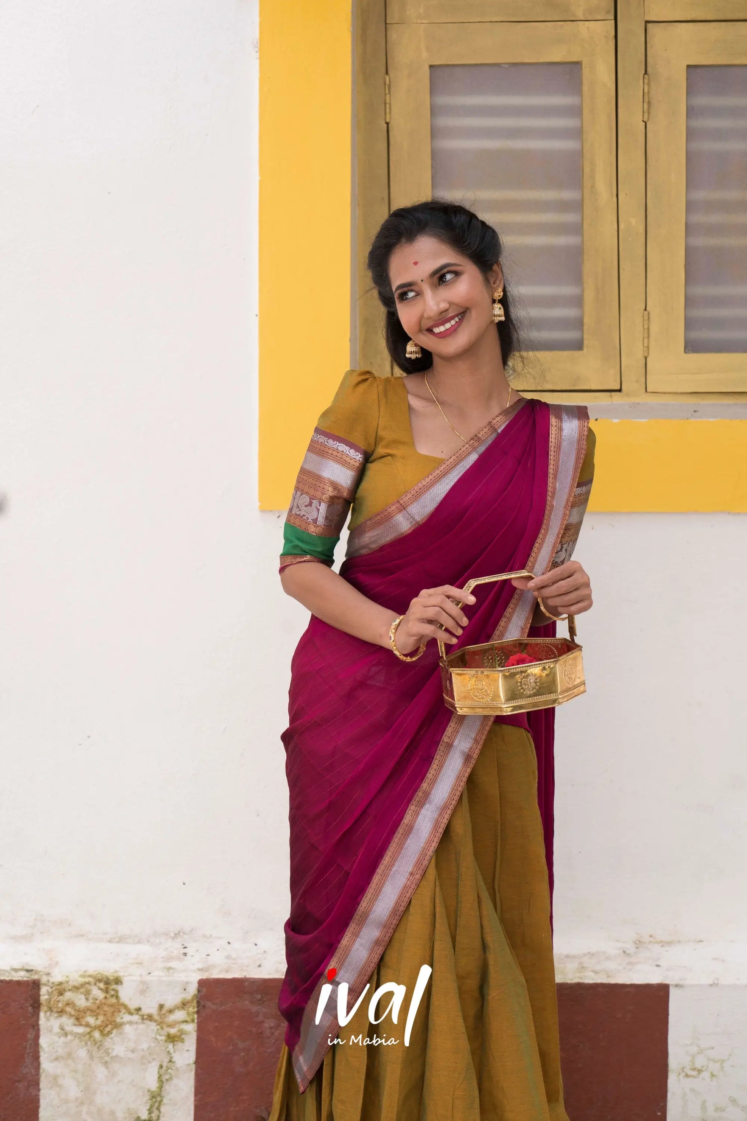 Padmaja - Two-Tone Henna And Magenta Cotton Halfsaree Half Sarees