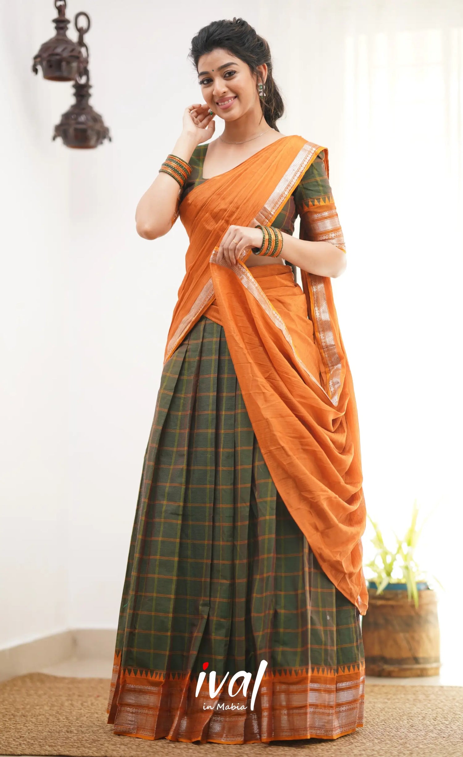 Padmaja Two Tone Henna Green Shade And Dark Mustard Tone Cotton Halfsaree Half Sarees