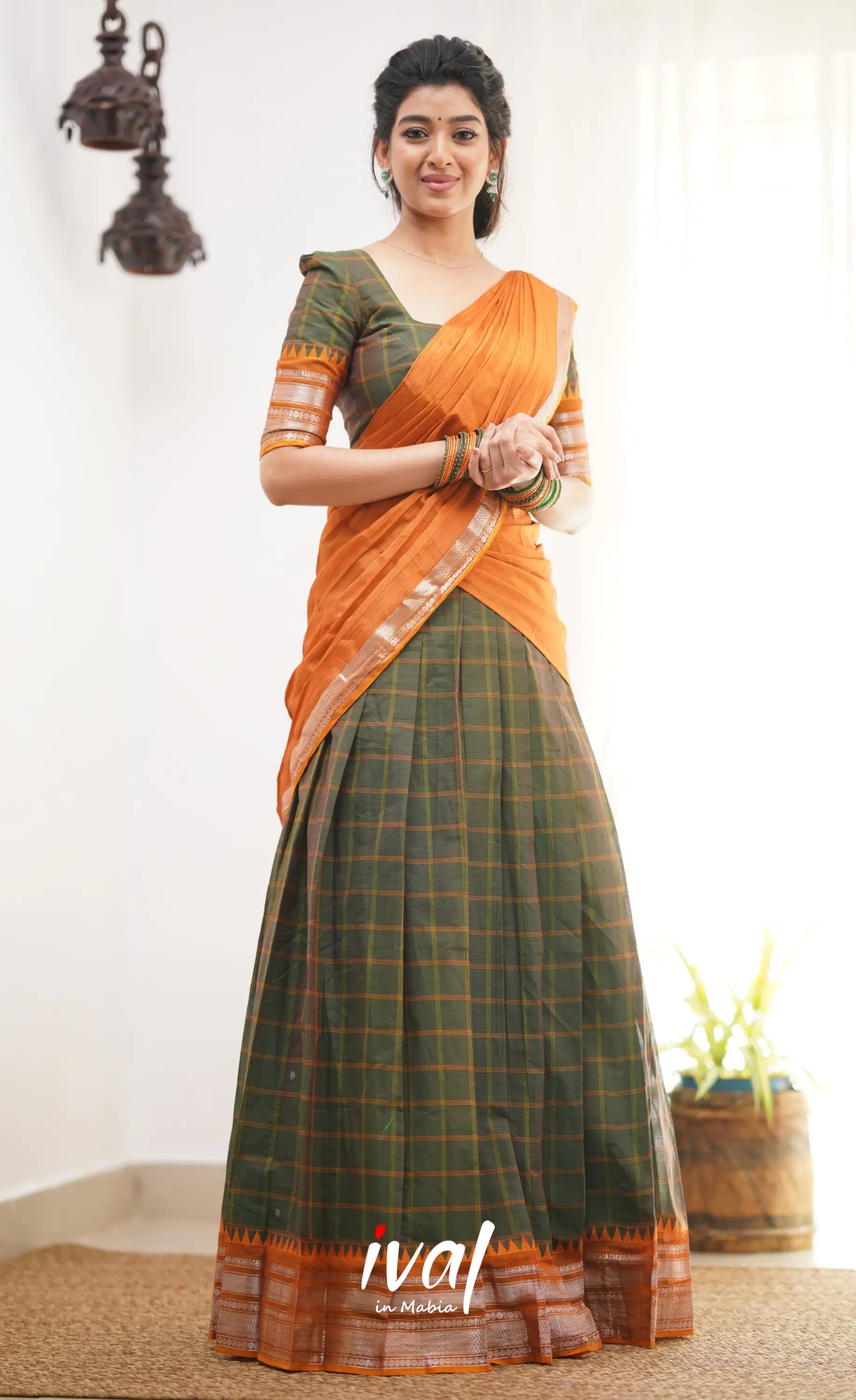 Padmaja Two Tone Henna Green Shade And Dark Mustard Tone Cotton Halfsaree Half Sarees