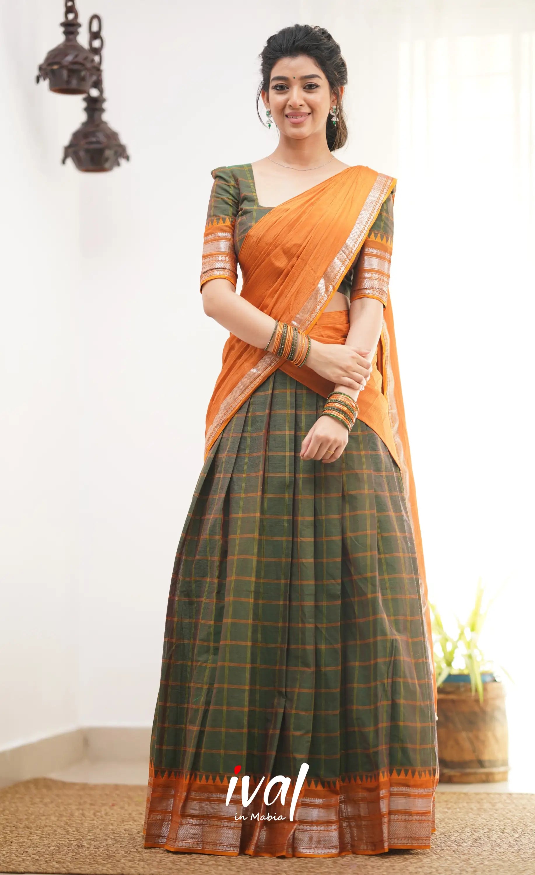 Padmaja Two Tone Henna Green Shade And Dark Mustard Tone Cotton Halfsaree Half Sarees