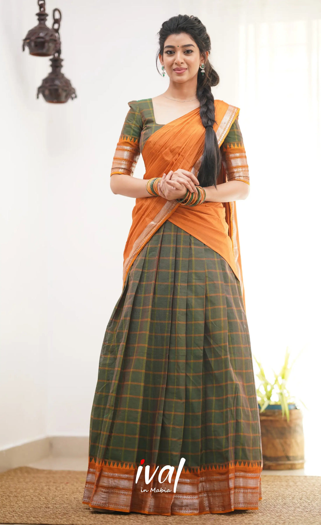 Padmaja Two Tone Henna Green Shade And Dark Mustard Tone Cotton Halfsaree Half Sarees