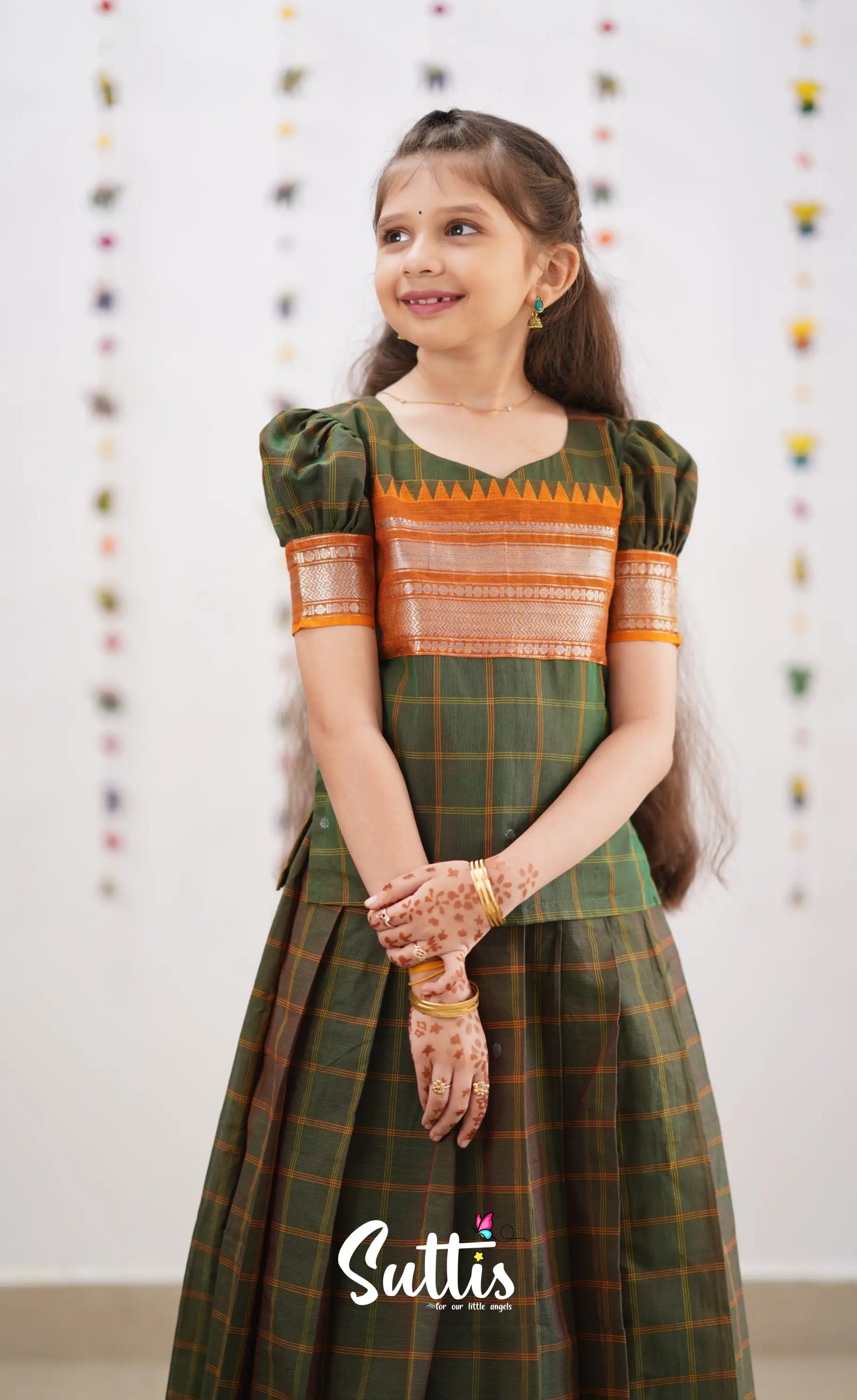 Padmaja Two Tone Henna Green Shade And Dark Mustard Tone Cotton Pavadai Sattai Kids-Suttis