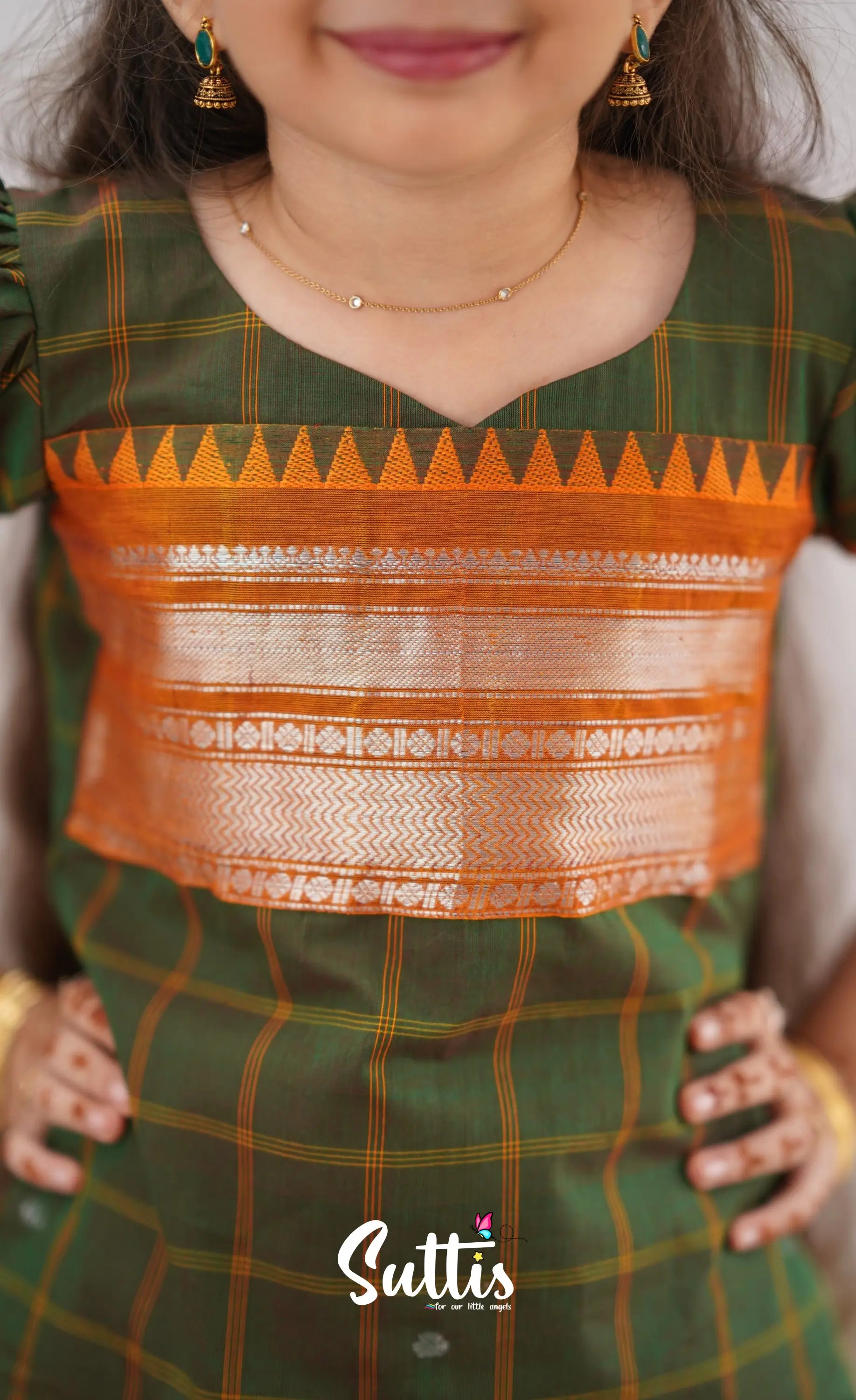 Padmaja Two Tone Henna Green Shade And Dark Mustard Tone Cotton Pavadai Sattai Kids-Suttis