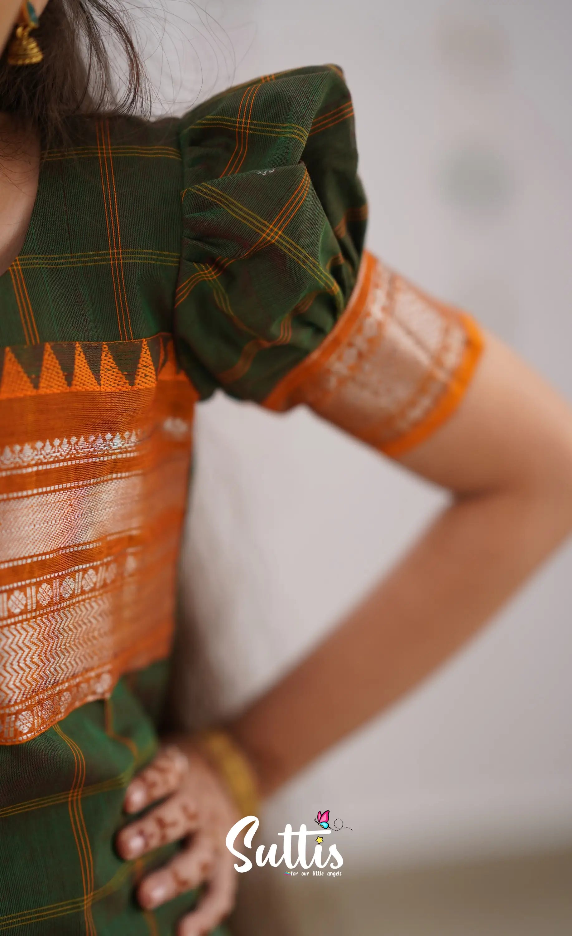 Padmaja Two Tone Henna Green Shade And Dark Mustard Tone Cotton Pavadai Sattai Kids-Suttis