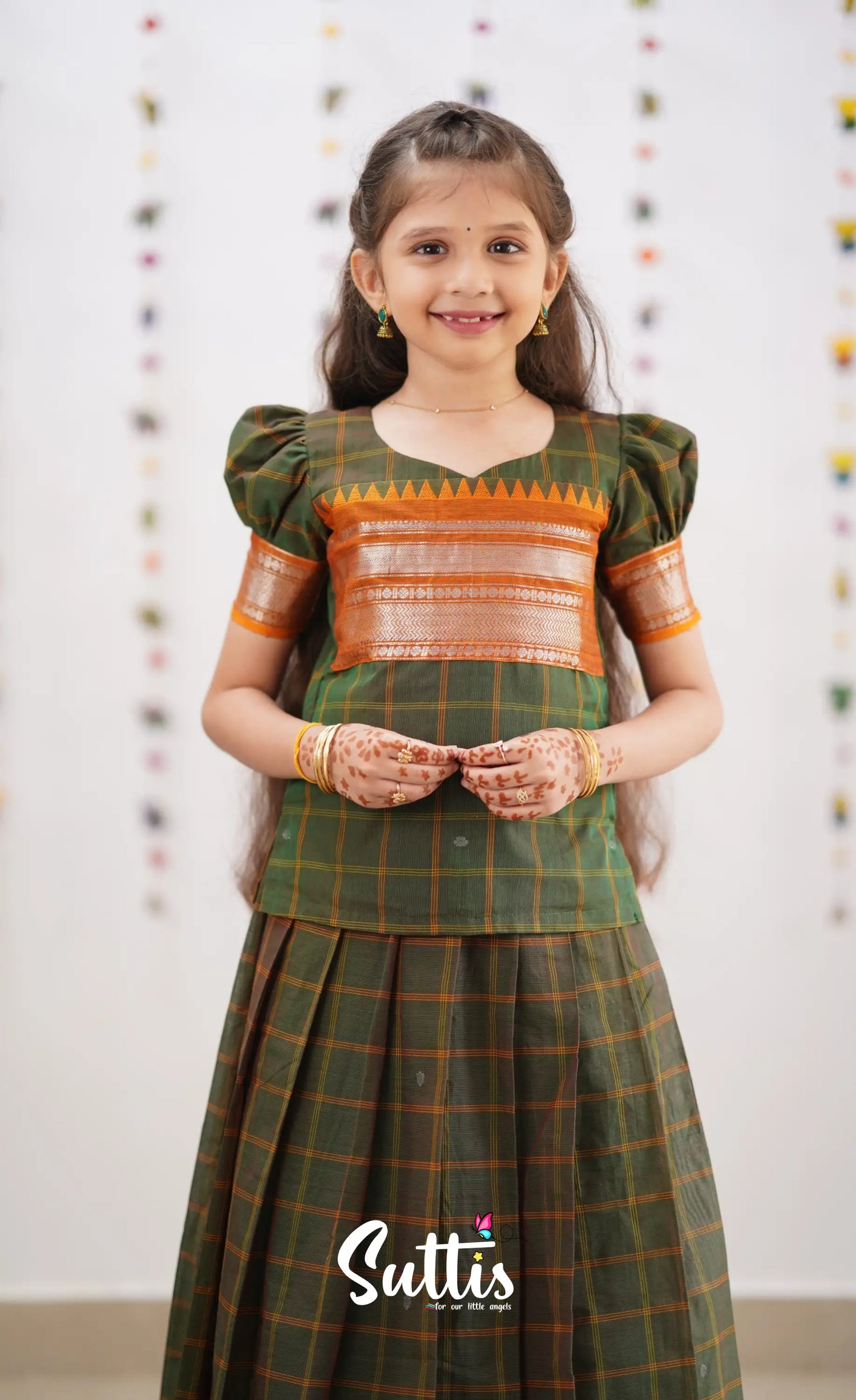 Padmaja Two Tone Henna Green Shade And Dark Mustard Tone Cotton Pavadai Sattai Kids-Suttis