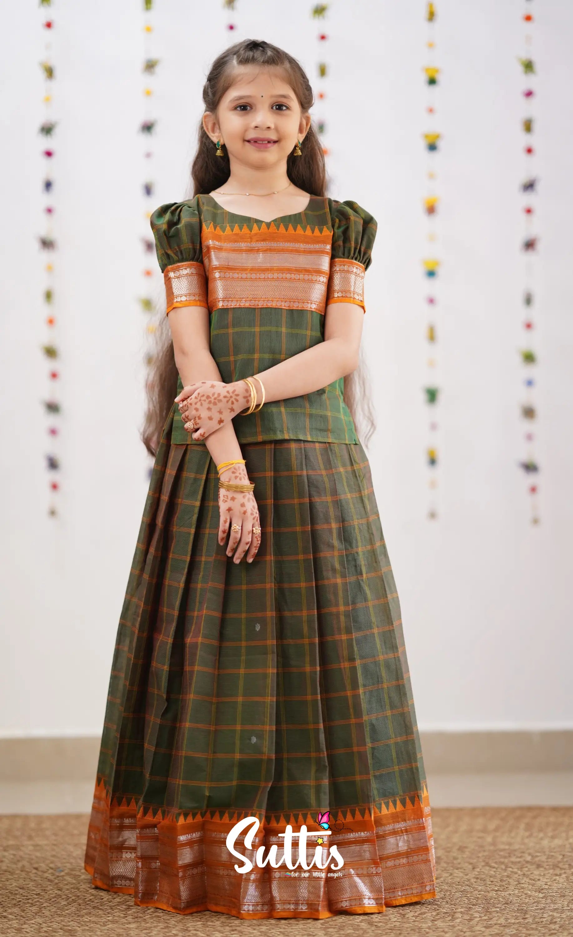 Padmaja Two Tone Henna Green Shade And Dark Mustard Tone Cotton Pavadai Sattai Kids-Suttis