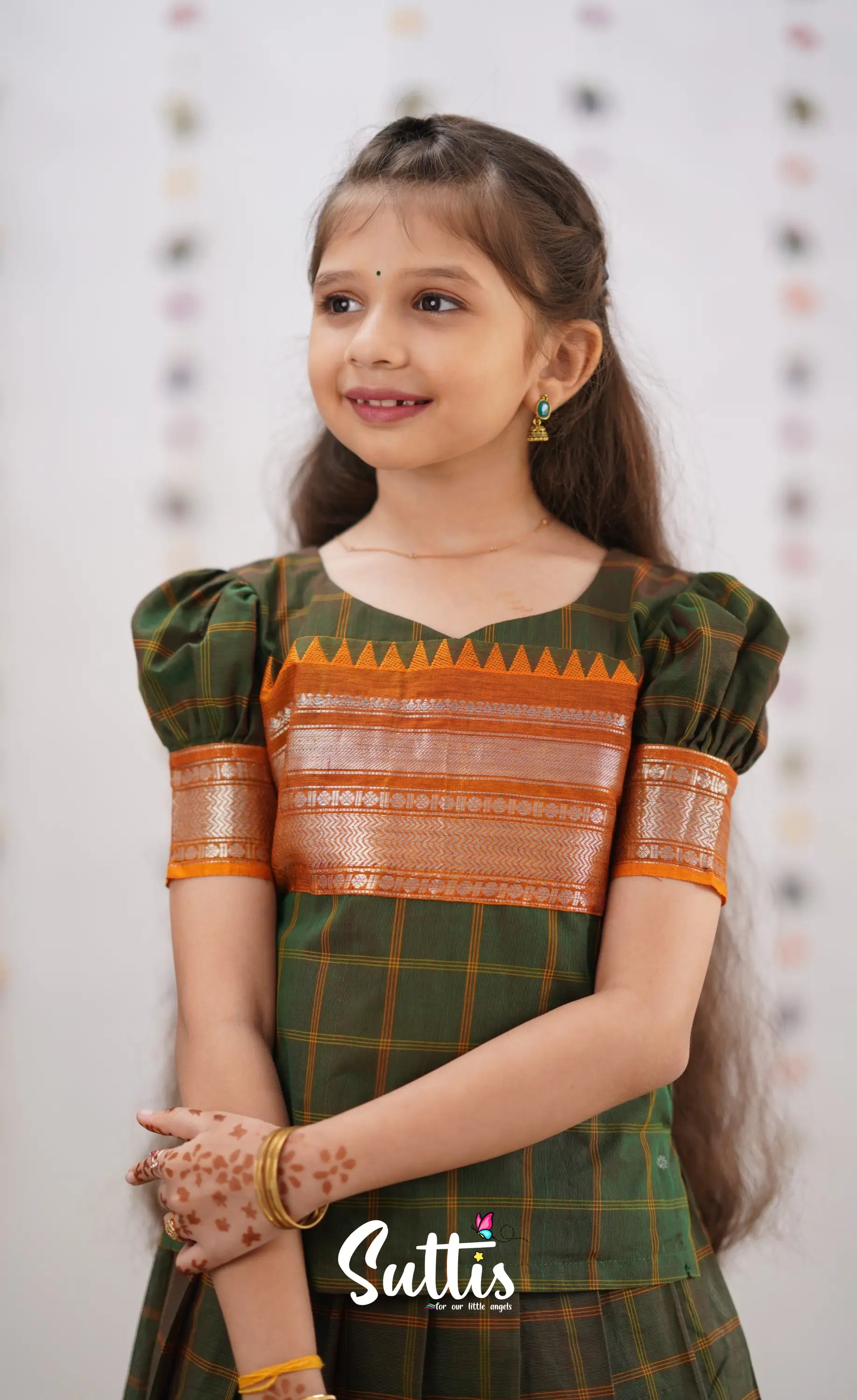 Padmaja Two Tone Henna Green Shade And Dark Mustard Tone Cotton Pavadai Sattai Kids-Suttis