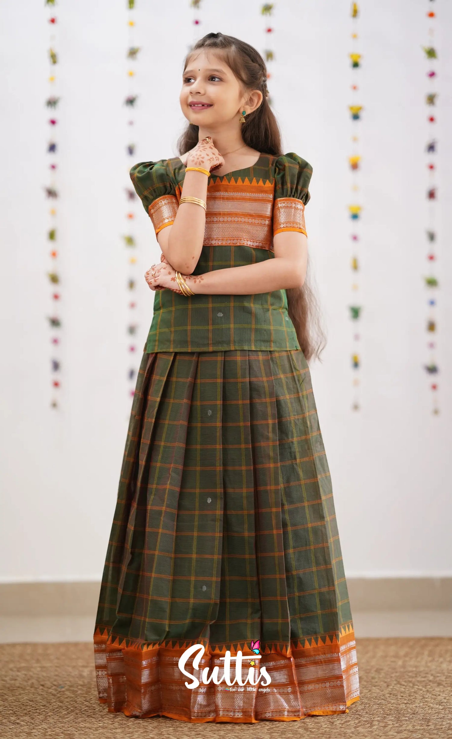 Padmaja Two Tone Henna Green Shade And Dark Mustard Tone Cotton Pavadai Sattai Kids-Suttis