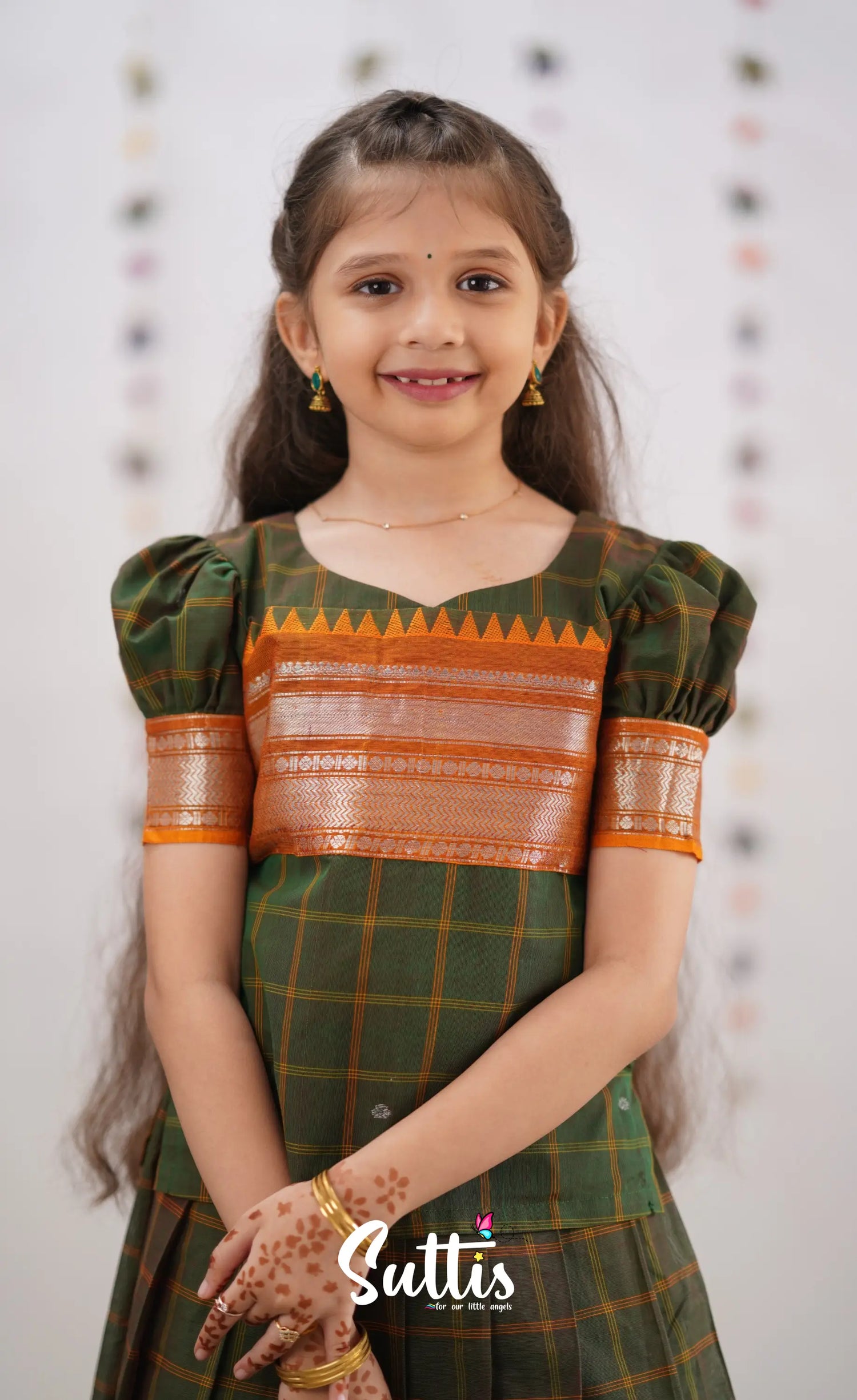 Padmaja Two Tone Henna Green Shade And Dark Mustard Tone Cotton Pavadai Sattai Kids-Suttis