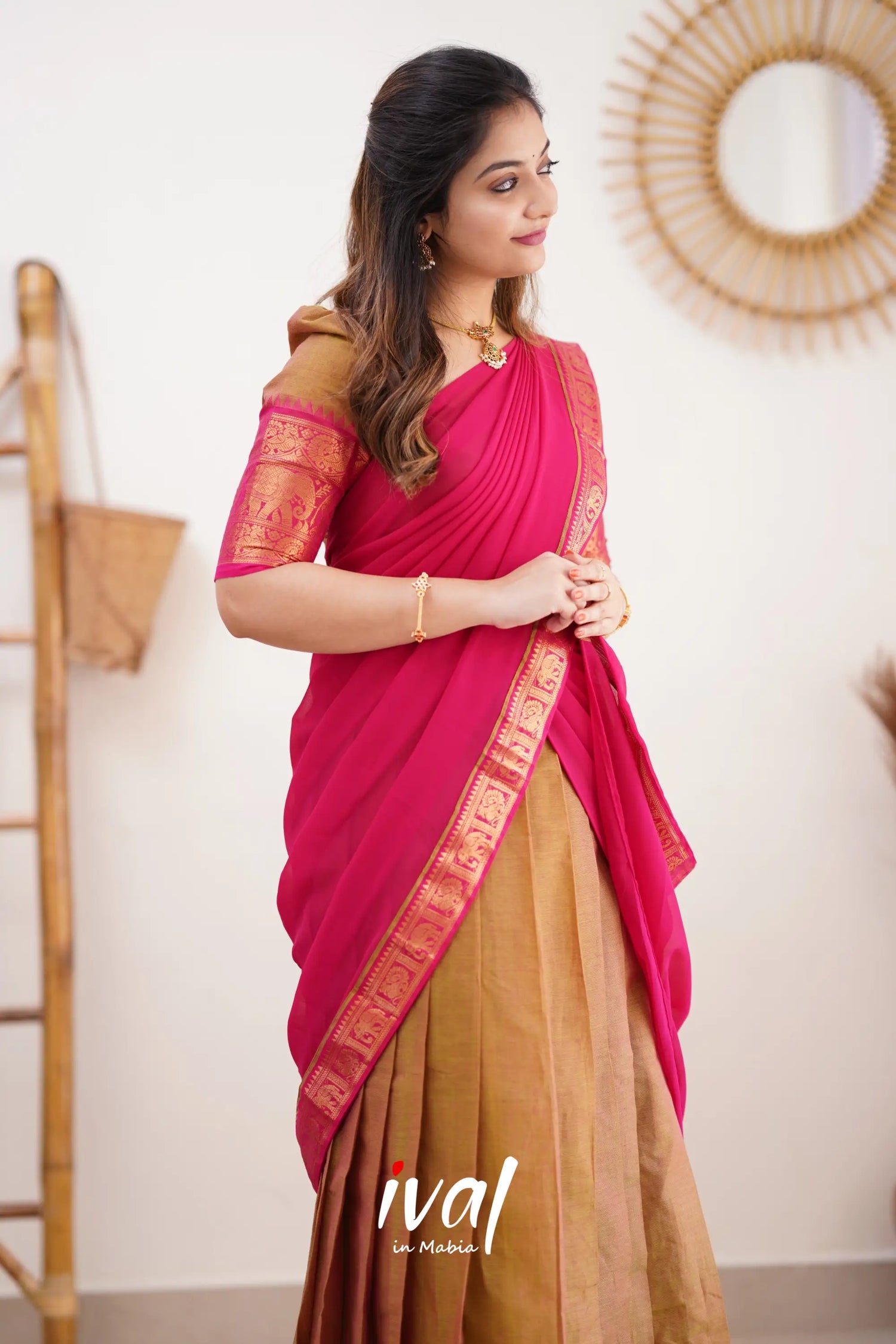 Padmaja - Two Tone Henna Mustard And Pink Cotton Halfsaree Half Sarees