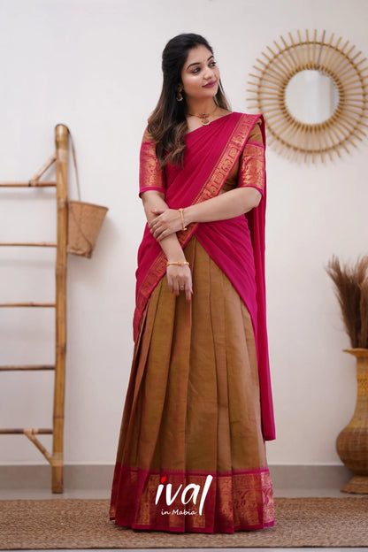 Padmaja - Two Tone Henna Mustard And Pink Cotton Halfsaree Half Sarees