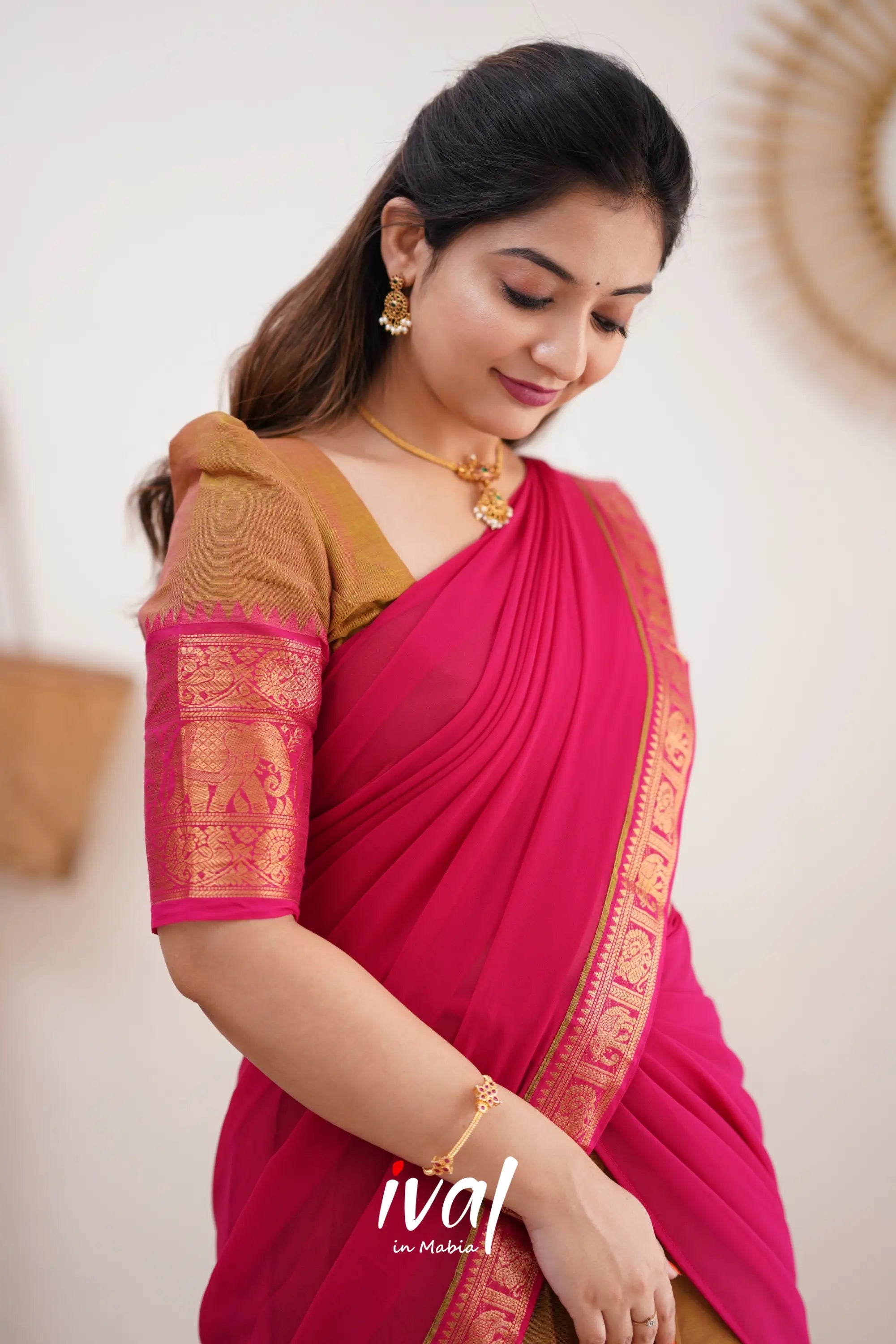 Padmaja - Two Tone Henna Mustard And Pink Cotton Halfsaree Half Sarees