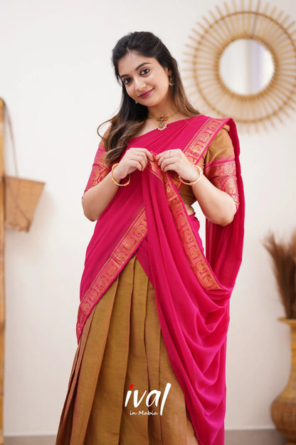 Padmaja - Two Tone Henna Mustard And Pink Cotton Halfsaree Half Sarees