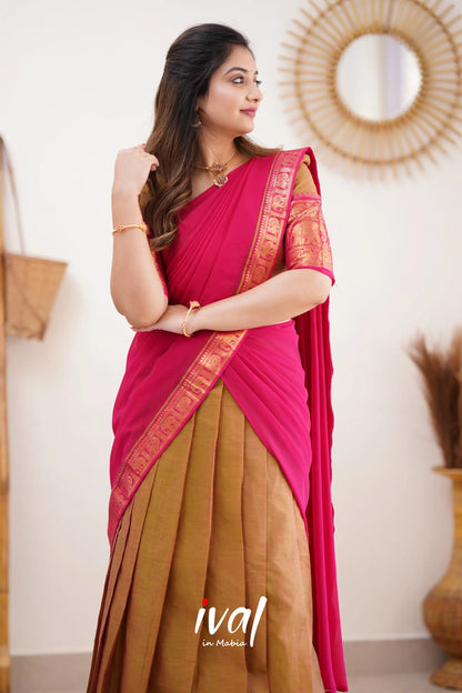 Padmaja - Two Tone Henna Mustard And Pink Cotton Halfsaree Half Sarees