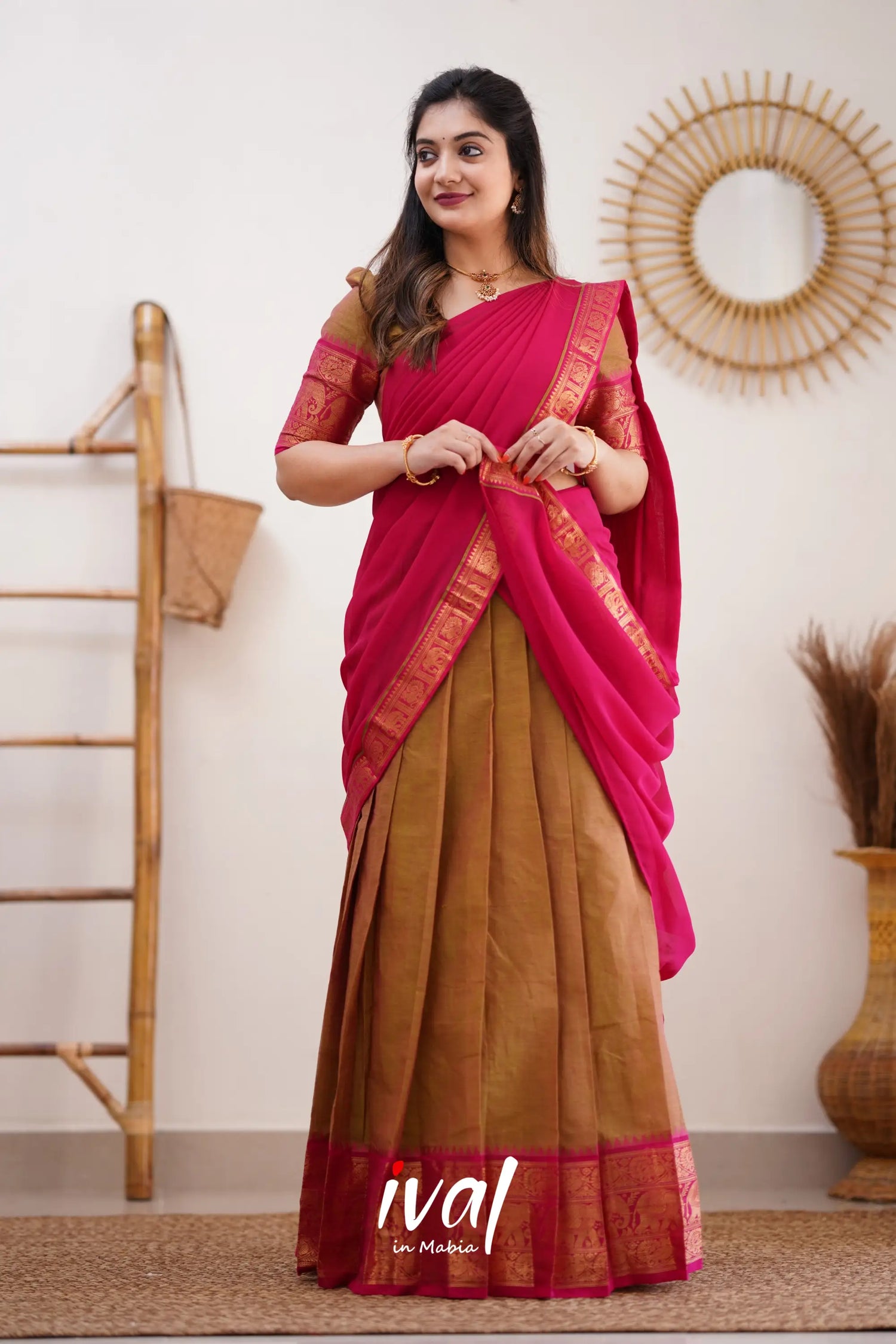 Padmaja - Two Tone Henna Mustard And Pink Cotton Halfsaree Half Sarees