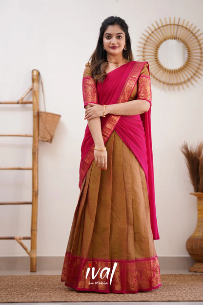 Padmaja - Two Tone Henna Mustard And Pink Cotton Halfsaree Half Sarees