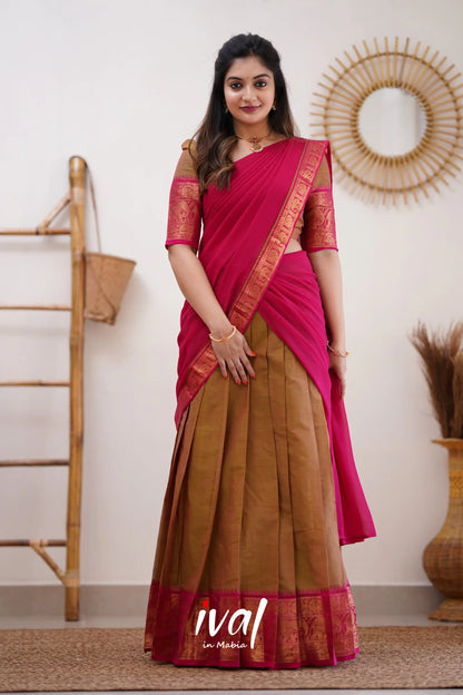 Padmaja - Two Tone Henna Mustard And Pink Cotton Halfsaree Half Sarees