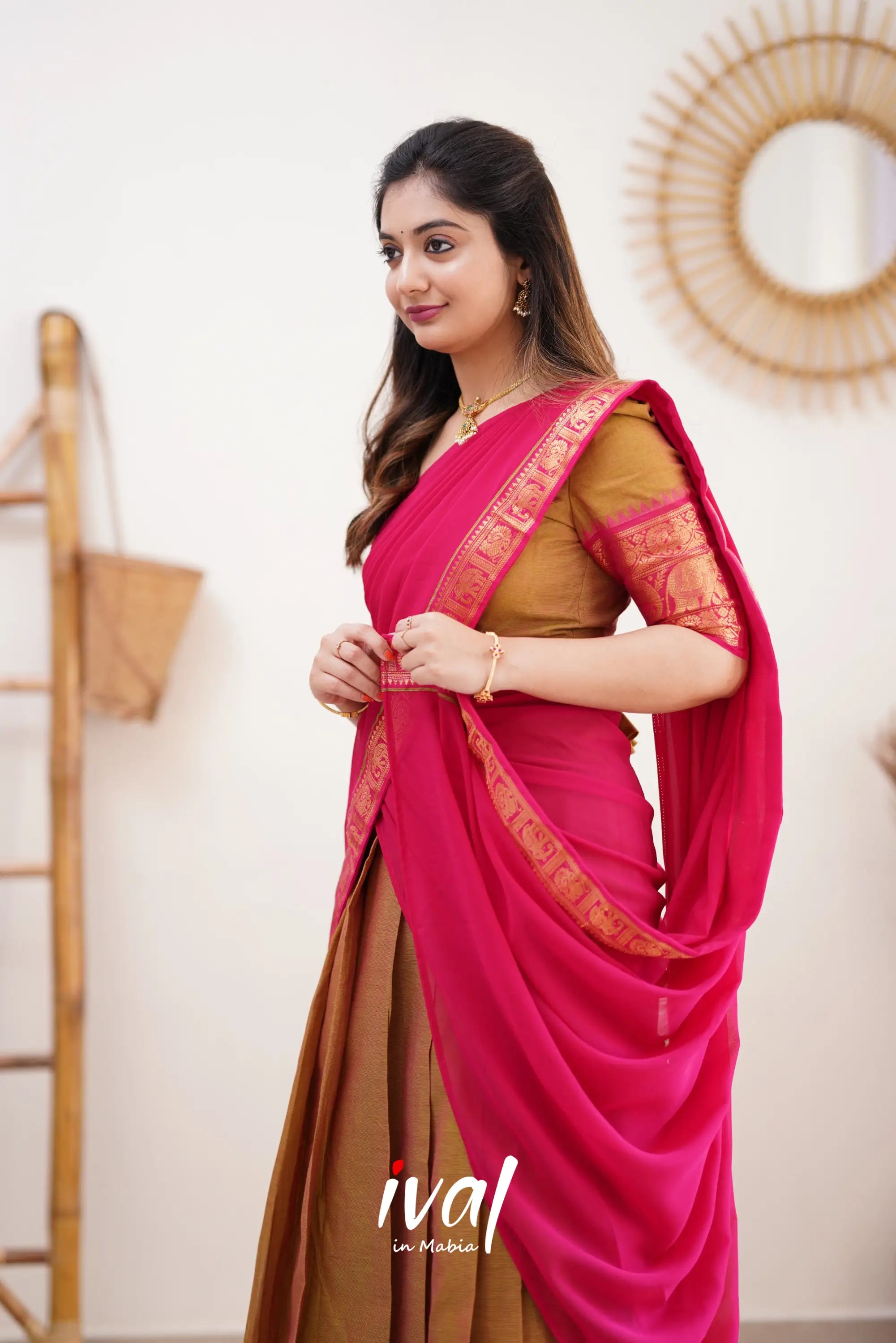 Padmaja - Two Tone Henna Mustard And Pink Cotton Halfsaree Half Sarees