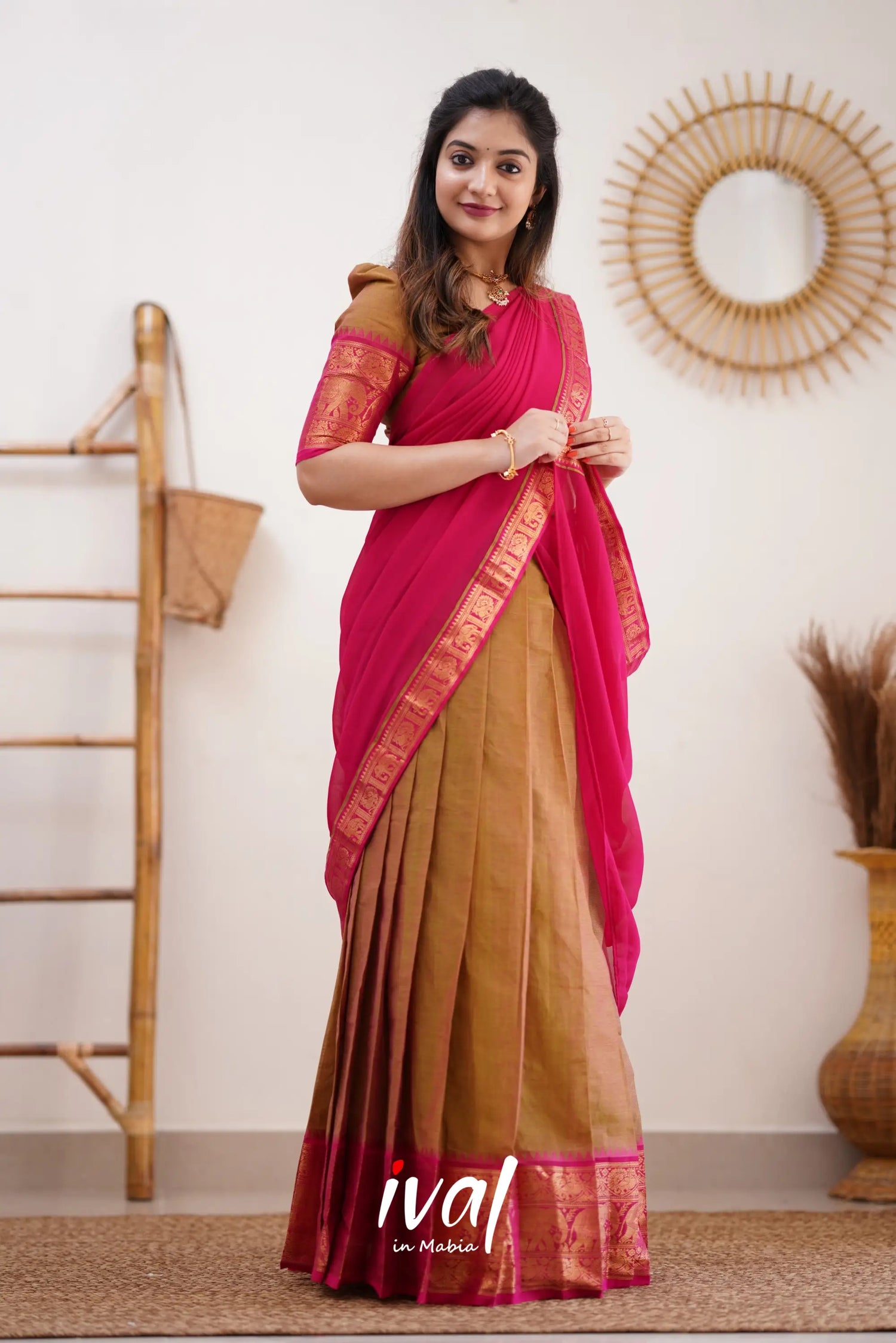 Padmaja - Two Tone Henna Mustard And Pink Cotton Halfsaree Half Sarees