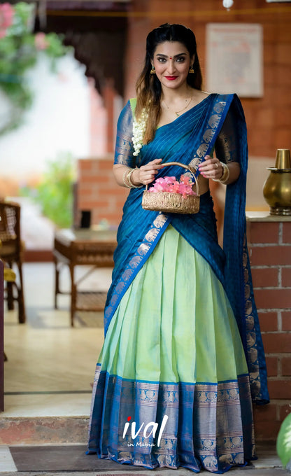 Padmaja - Two Tone Light Green And Blue Cotton Halfsaree Half Sarees