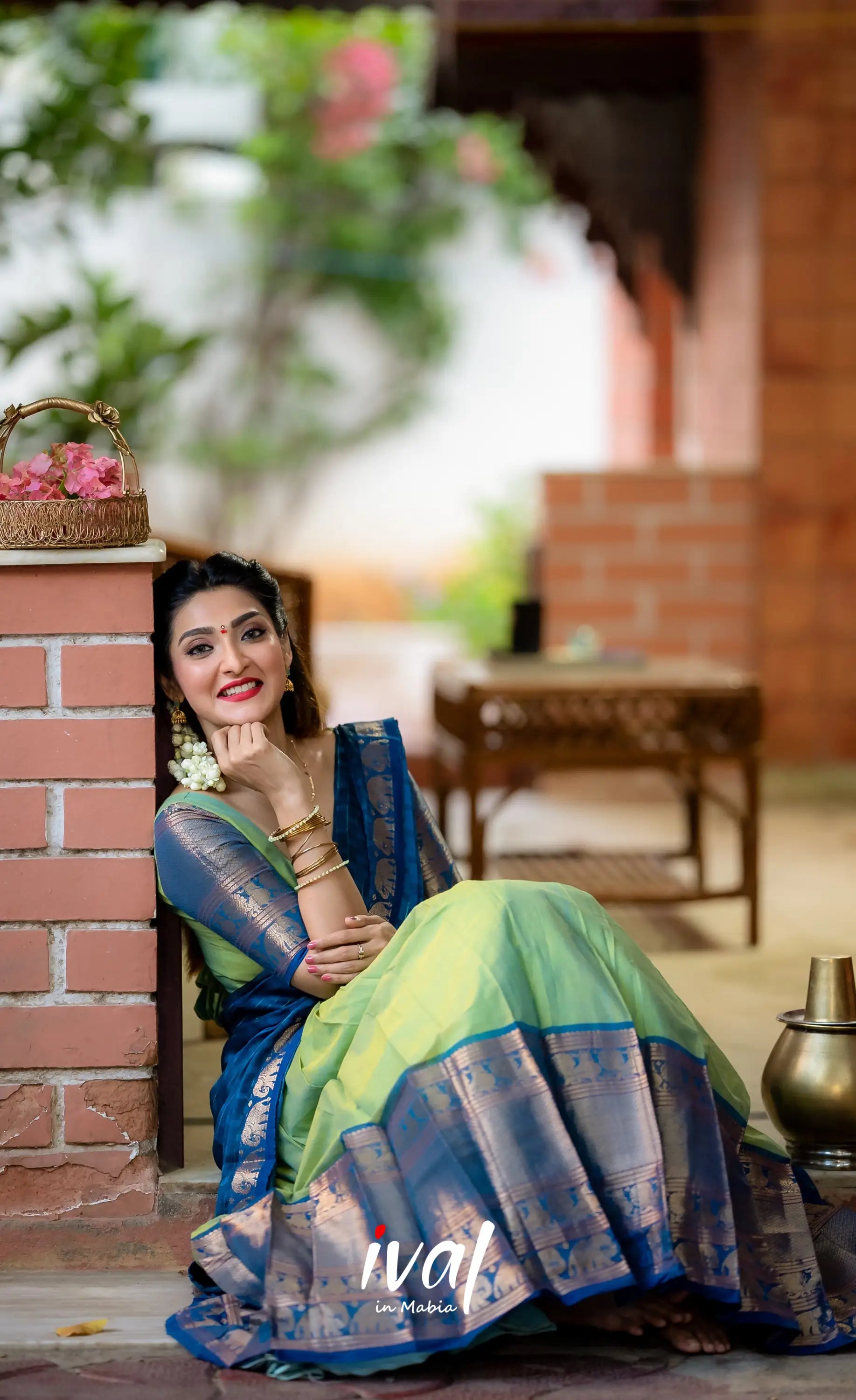 Padmaja - Two Tone Light Green And Blue Cotton Halfsaree Half Sarees