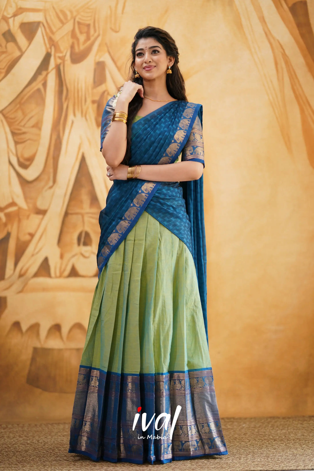 Padmaja - Two Tone Light Green And Blue Cotton Halfsaree Half Sarees