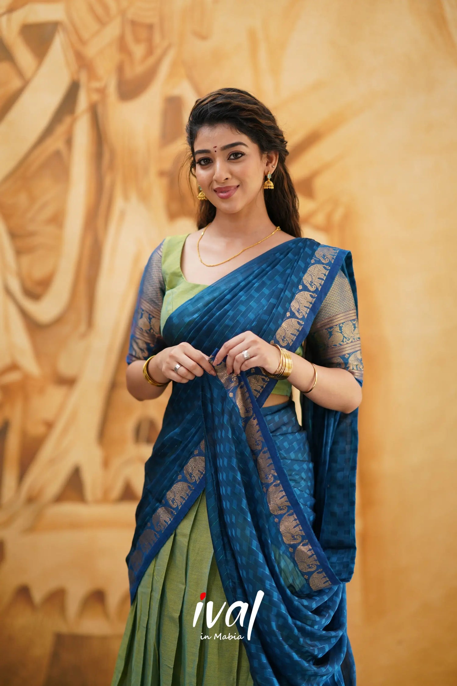 Padmaja - Two Tone Light Green And Blue Cotton Halfsaree Half Sarees