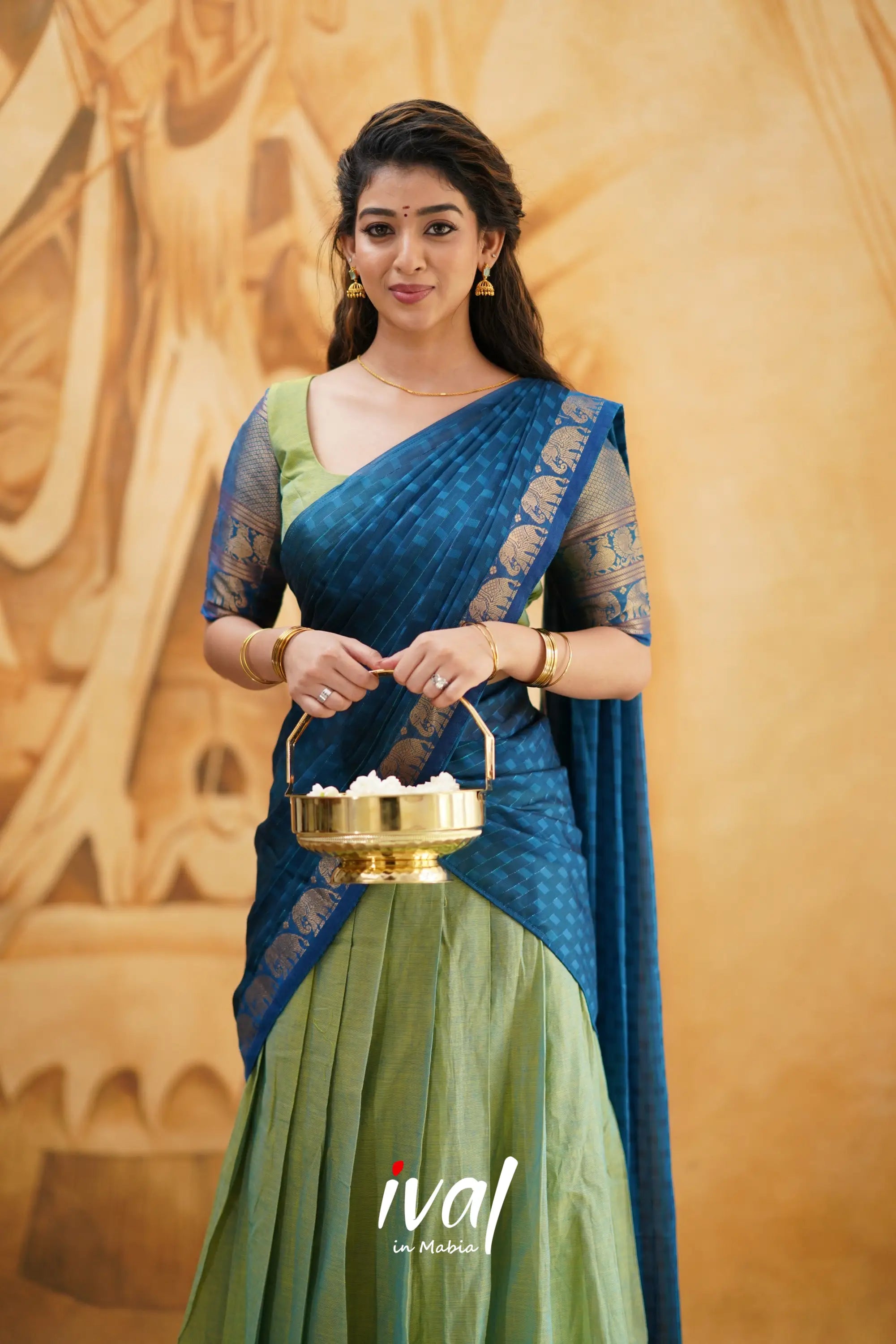 Padmaja - Two Tone Light Green And Blue Cotton Halfsaree Half Sarees